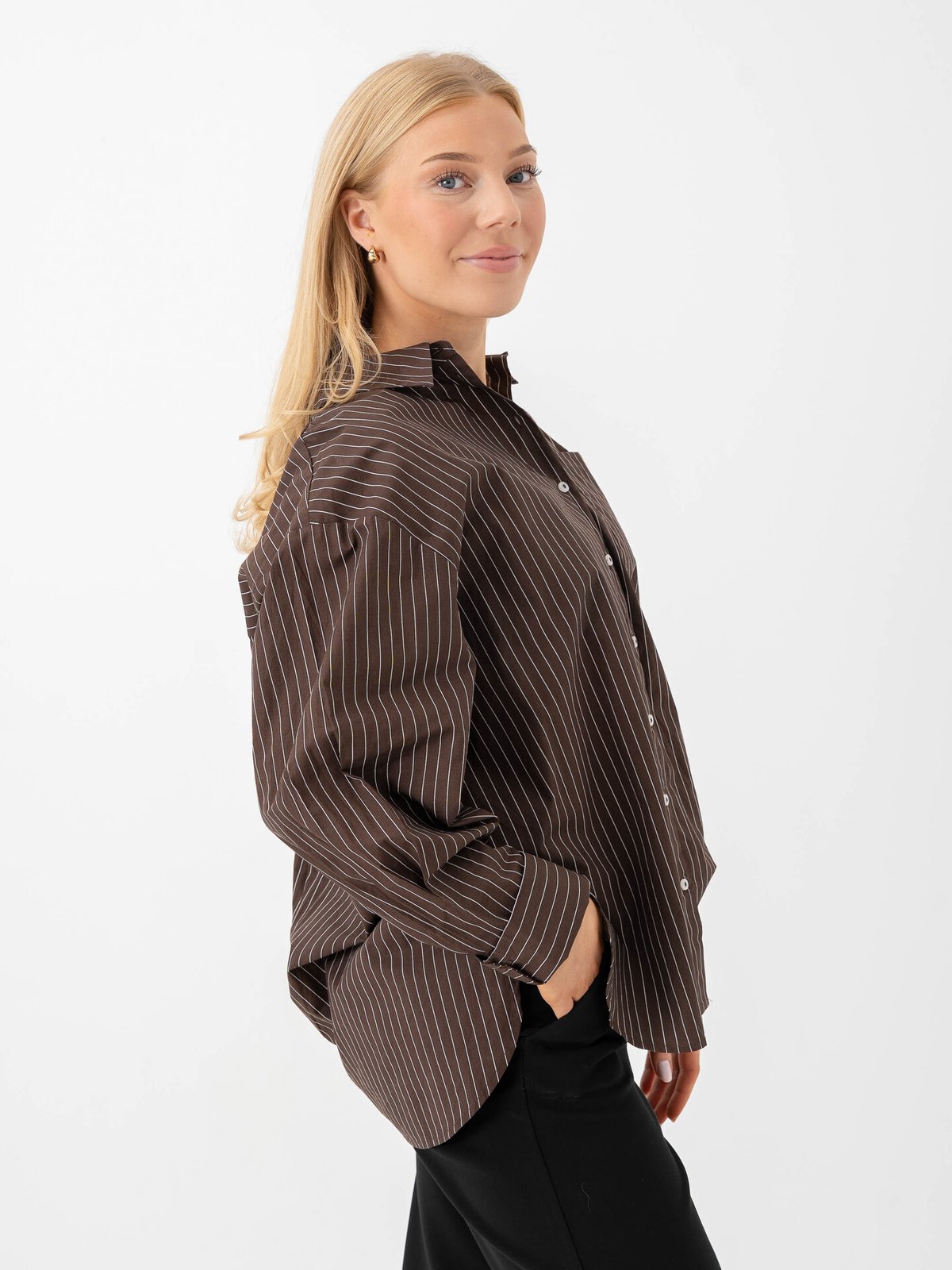 Vero Moda Fanni Long Sleeve Shirt Chocolate Brown SNOW WHITE PINSTRIPE