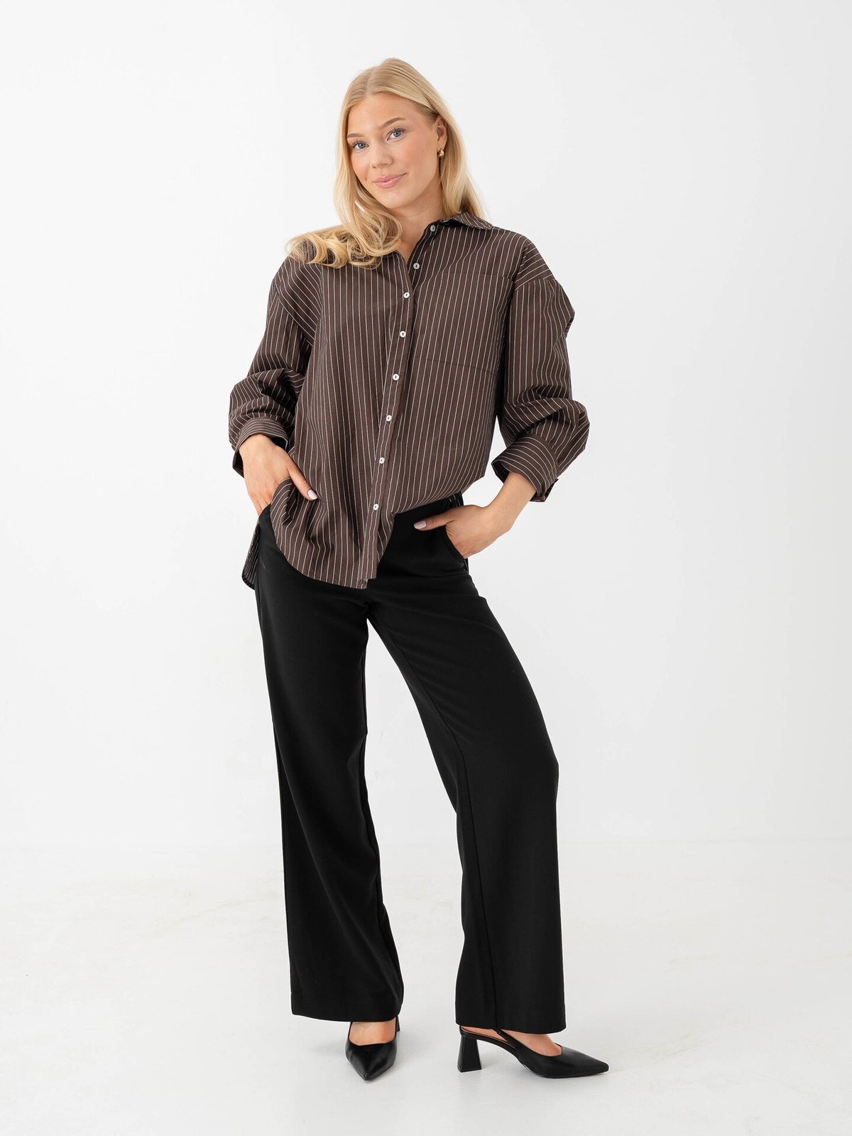 Vero Moda Fanni Long Sleeve Shirt Chocolate Brown SNOW WHITE PINSTRIPE