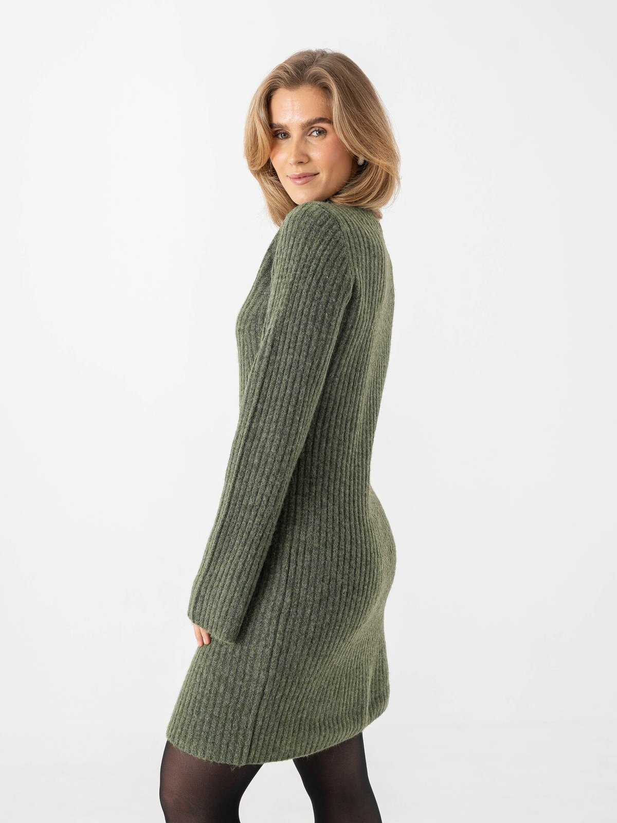 Vero Moda Lina Long Sleeve High Neck Short Knit Dress Olivine