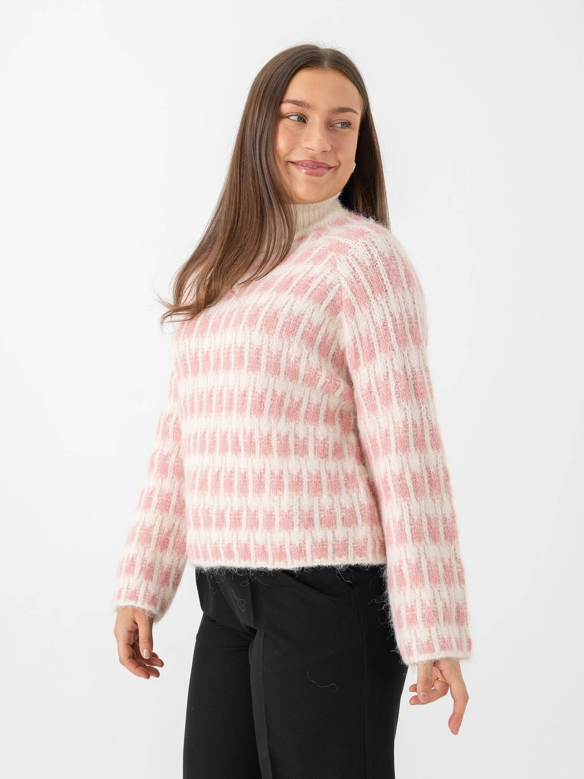 Vero Moda Lisa Long Sleeve Highneck Pullover Birch W. Rose Elegance Stitch