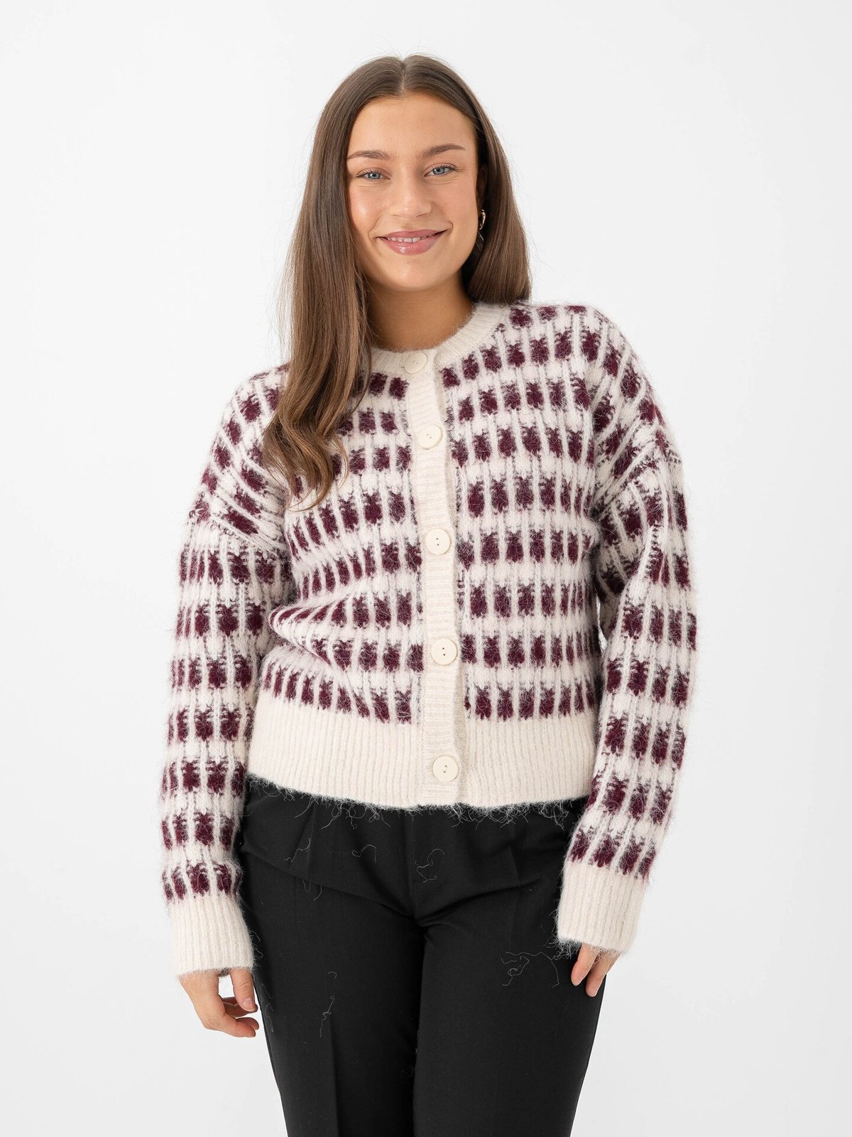 Vero Moda Lisa Long Sleeve O-Neck Cardigan Birch w. Winetasting