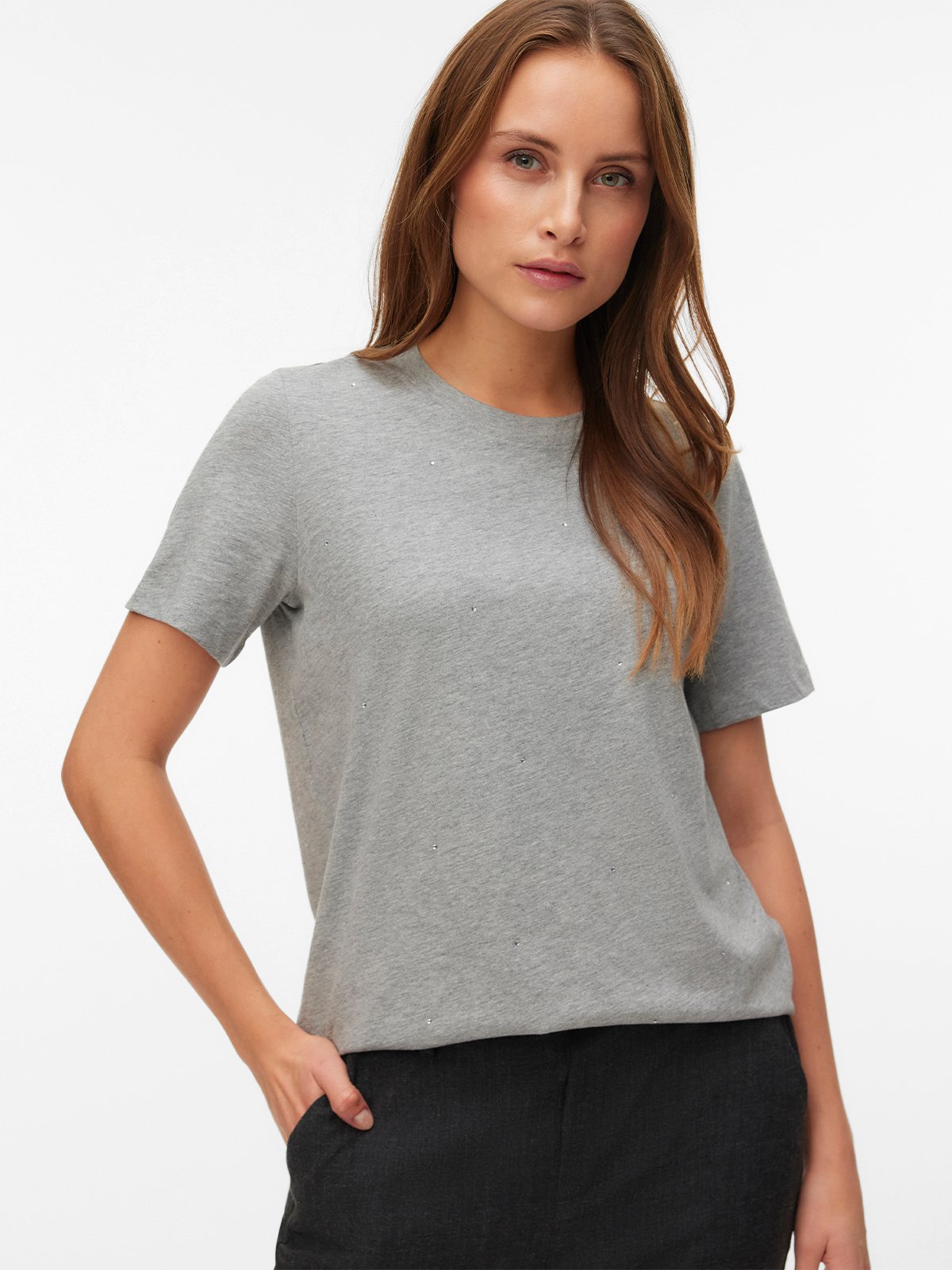 Vero Moda Paulina Detail Short Sleeve T-Shirt Light Grey Melange