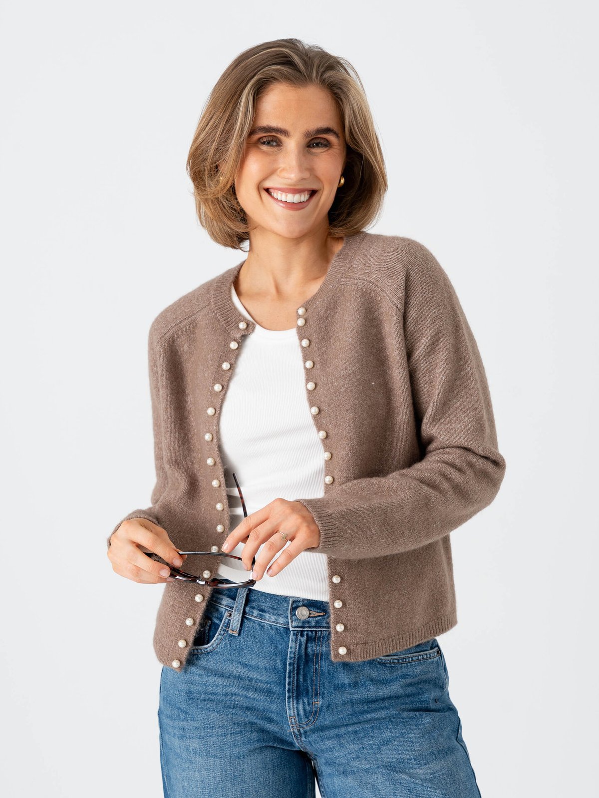 Vero Moda Aware Magalene Long Sleeve O-Neck Pearl Cardigan Fossil