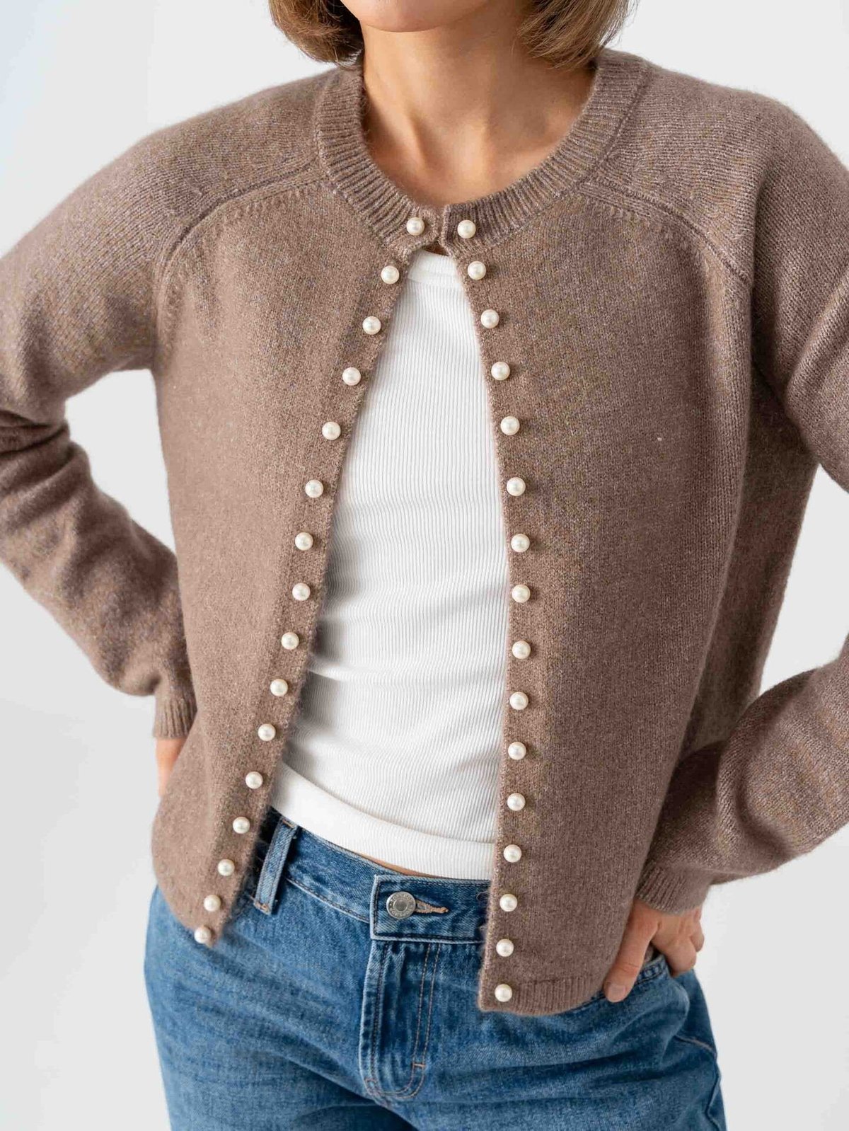 Vero Moda Aware Magalene Long Sleeve O-Neck Pearl Cardigan Fossil