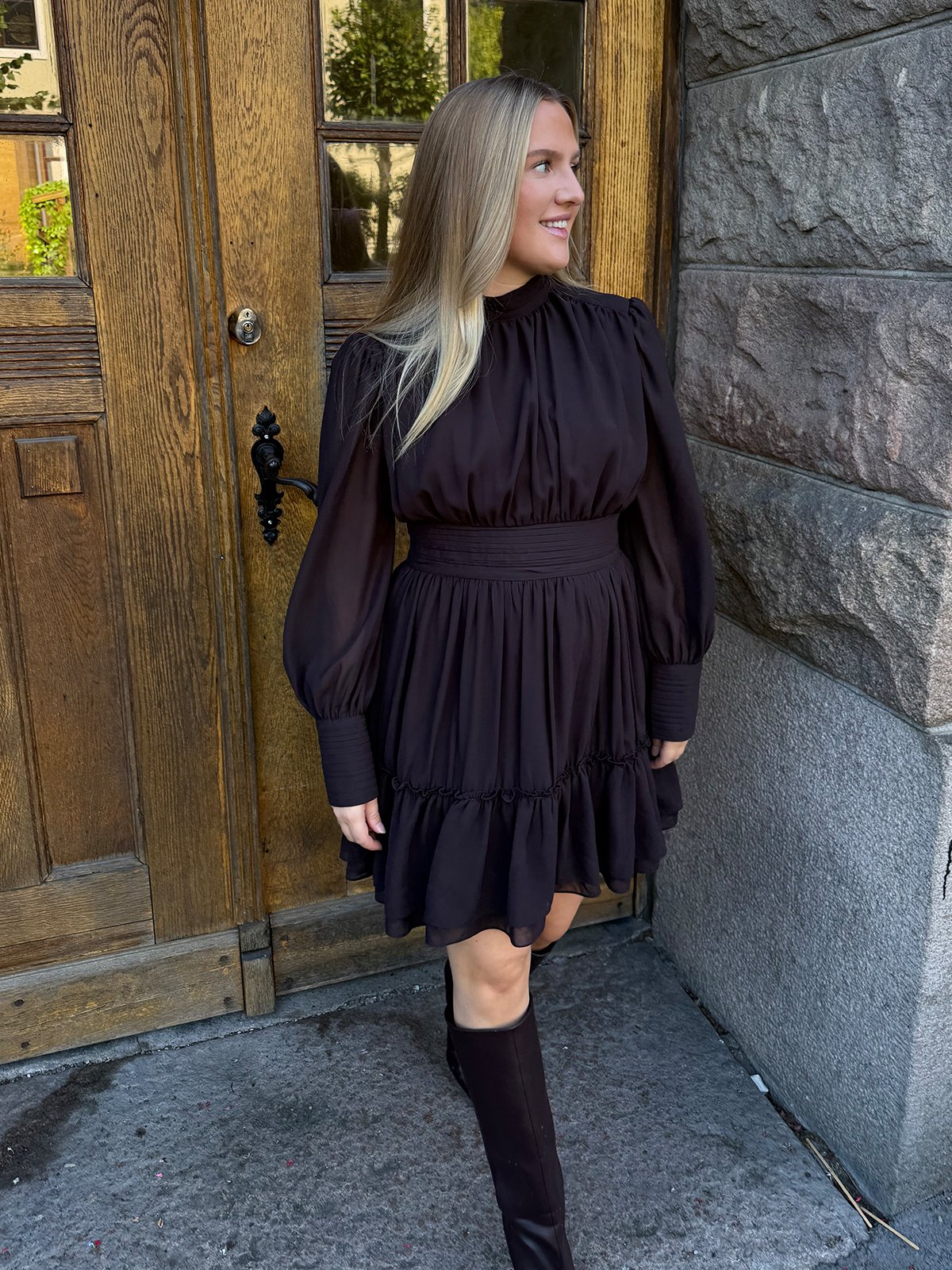 Vero Moda Aware Birdia Long Sleeve High Neck Short Dress Chocolate Torte