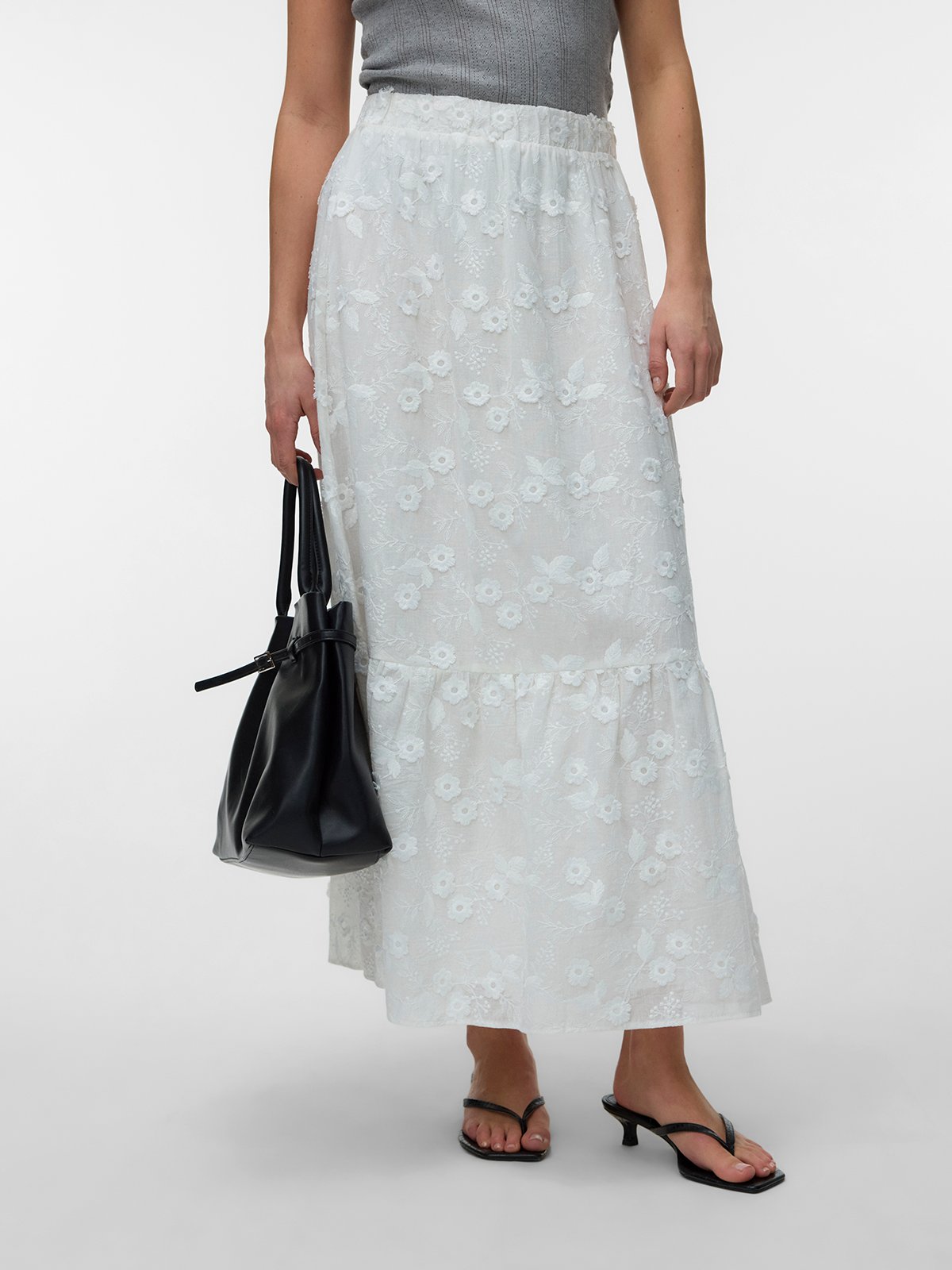 Vero Moda Elisa Embroidery High Waist Maxi Skirt Bright White Embroidery