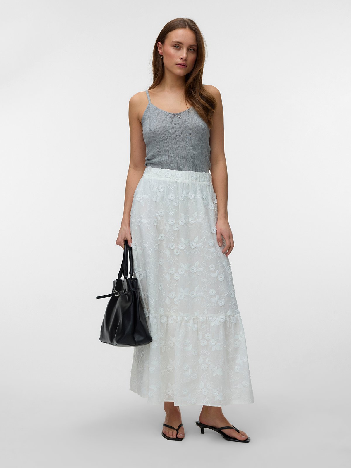 Vero Moda Elisa Embroidery High Waist Maxi Skirt Bright White Embroidery