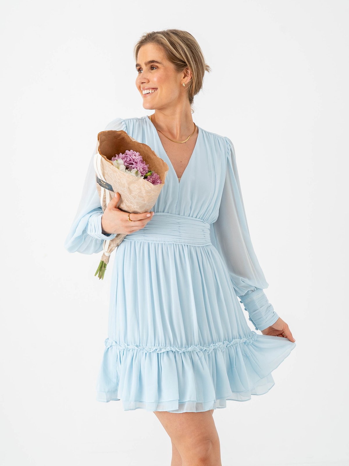 Vero Moda Birdia Long Sleeve V-Neck Short Dress Nantucket Breeze