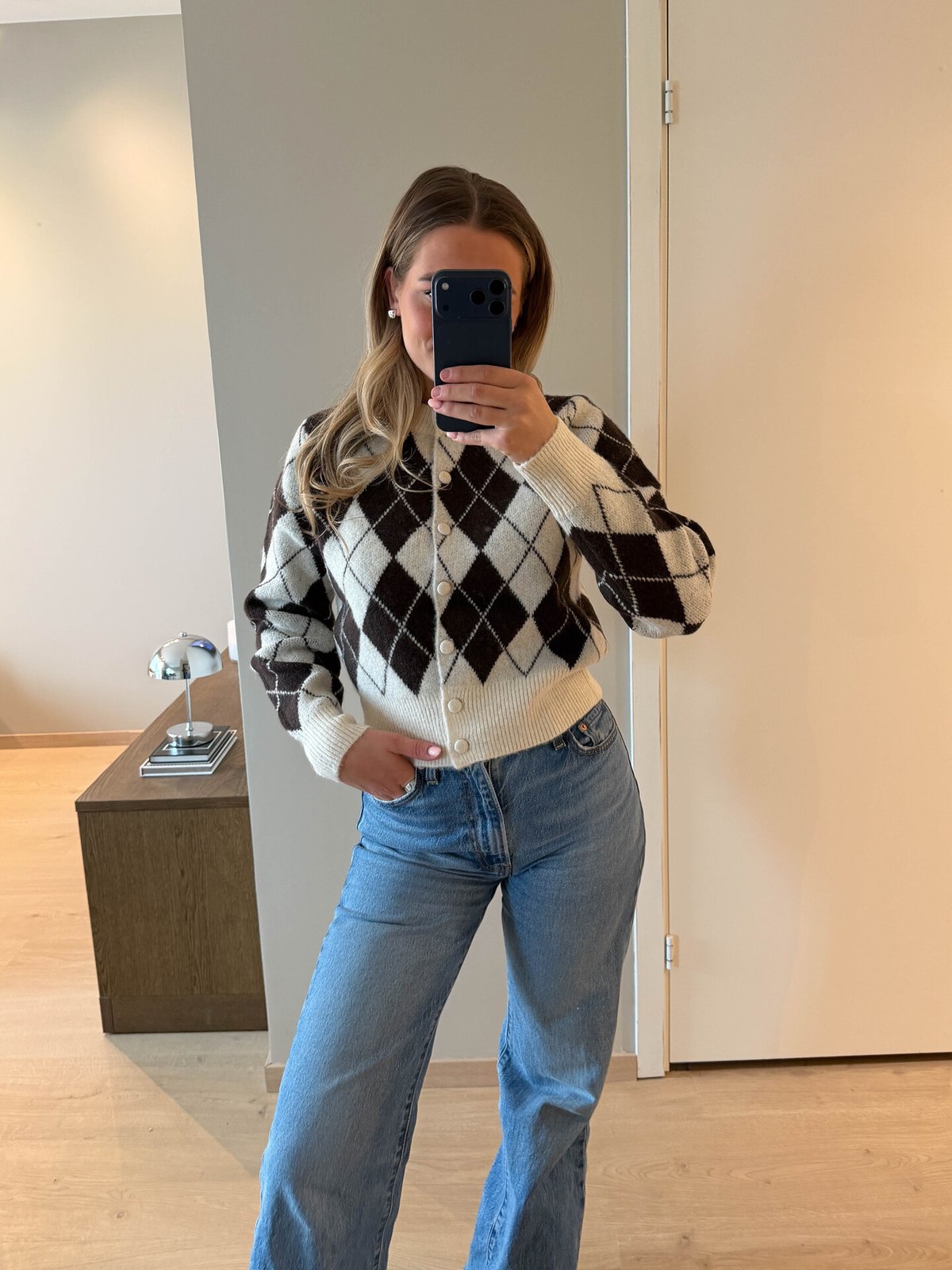Vero Moda Halo Long Slevve O-Neck Argyle Cardigan Birch CHOCLATE TORTE