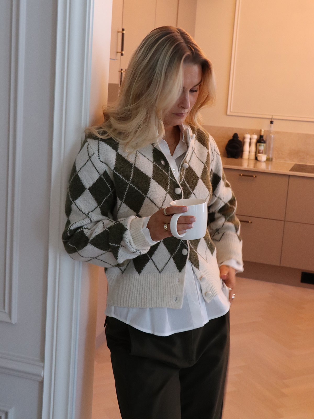 Vero Moda Halo Long Slevve O-Neck Argyle Cardigan Birch CHOCLATE TORTE