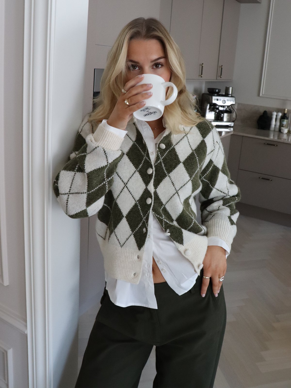 Vero Moda Halo Long Slevve O-Neck Argyle Cardigan Birch SPHAGNUM