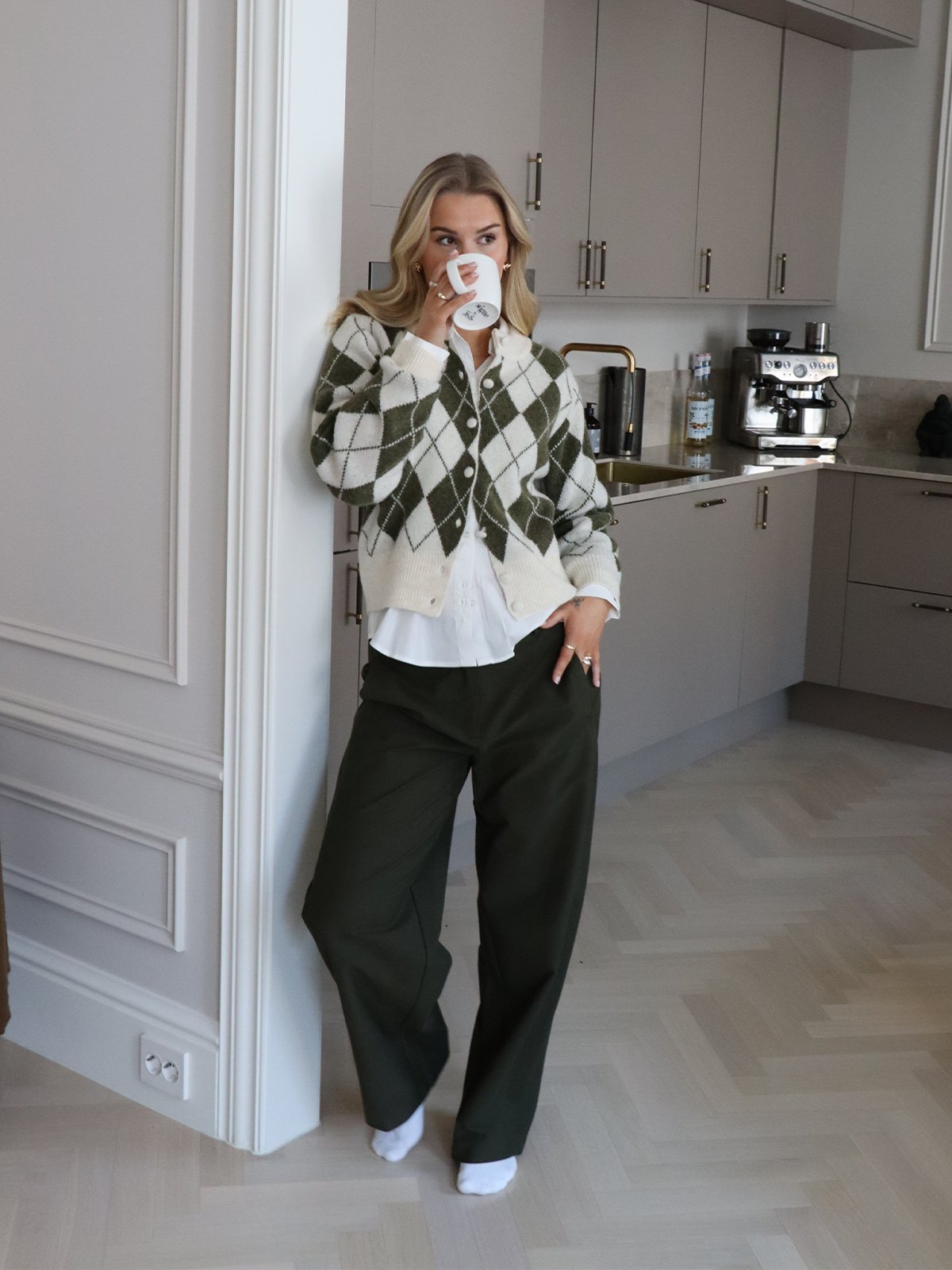 Vero Moda Halo Long Slevve O-Neck Argyle Cardigan Birch SPHAGNUM