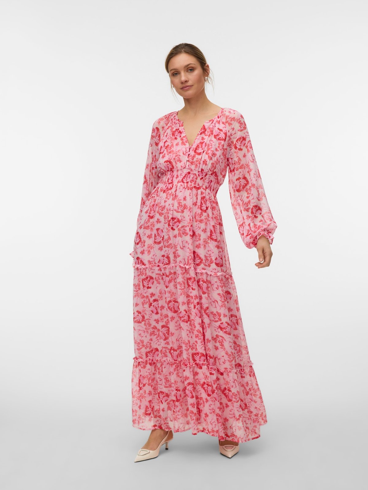 Vero Moda Aware Audora Long Sleeve V-Neck Long Dress Pink Marshmallow Camellia Rose
