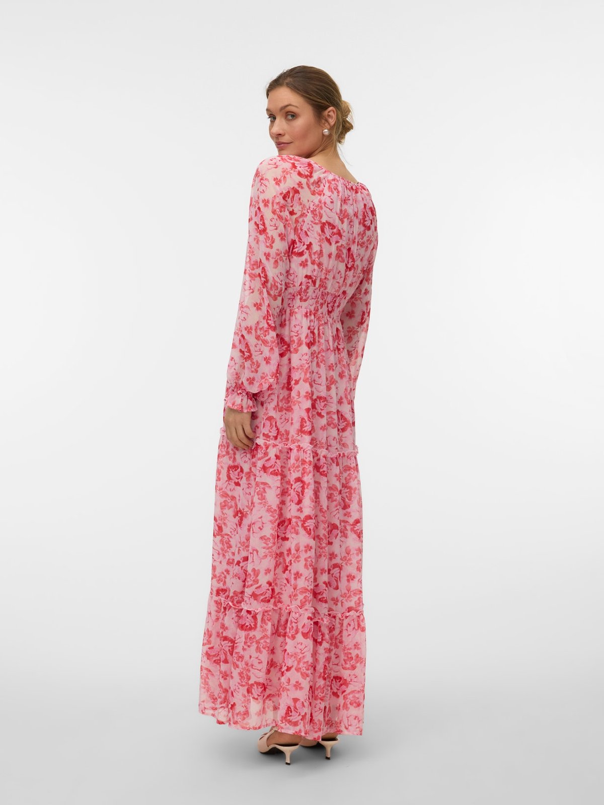 Vero Moda Aware Audora Long Sleeve V-Neck Long Dress Pink Marshmallow Camellia Rose