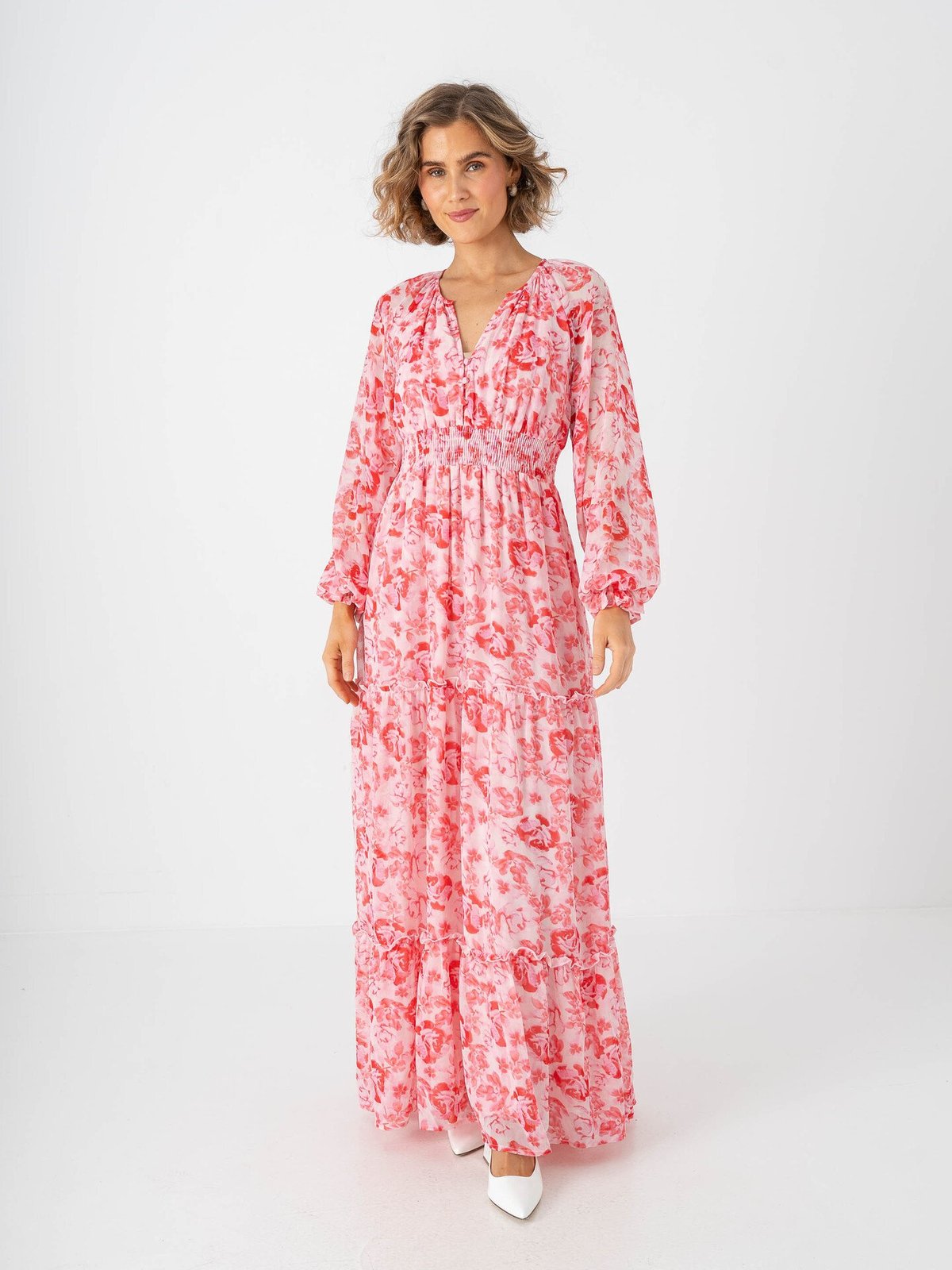 Vero Moda Aware Maude Long Sleeve V-Neck Long Dress Pink Marshmallow Camellia Rose