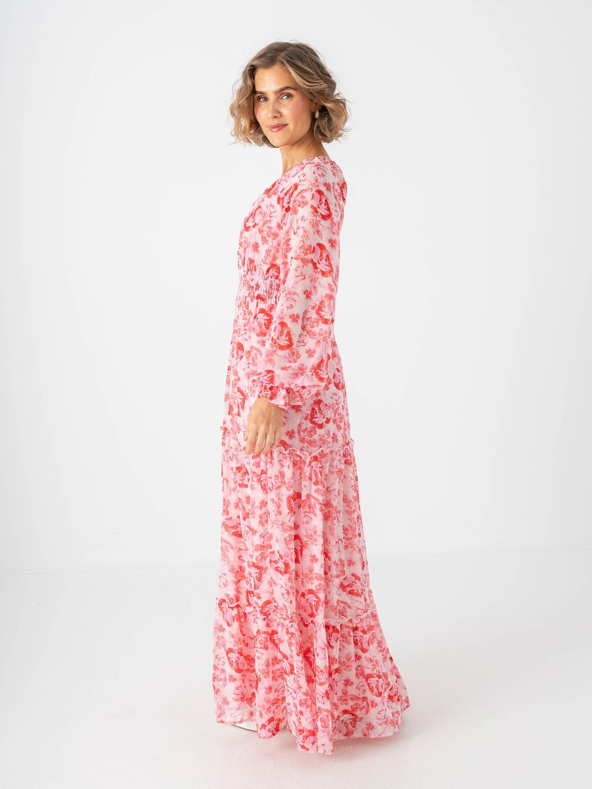 Vero Moda Aware Maude Long Sleeve V-Neck Long Dress Pink Marshmallow Camellia Rose