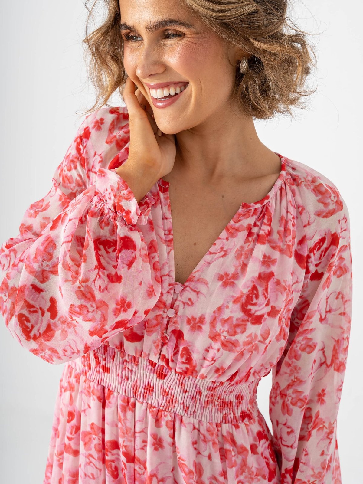 Vero Moda Aware Maude Long Sleeve V-Neck Long Dress Pink Marshmallow Camellia Rose