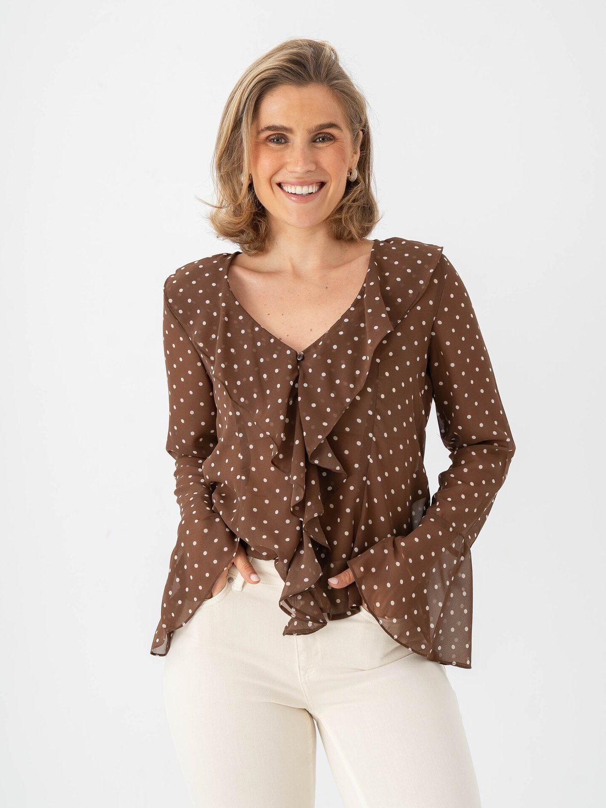 Vero Moda Willow Long Sleeve Frill Top Chocolate Martini Snow White Dot