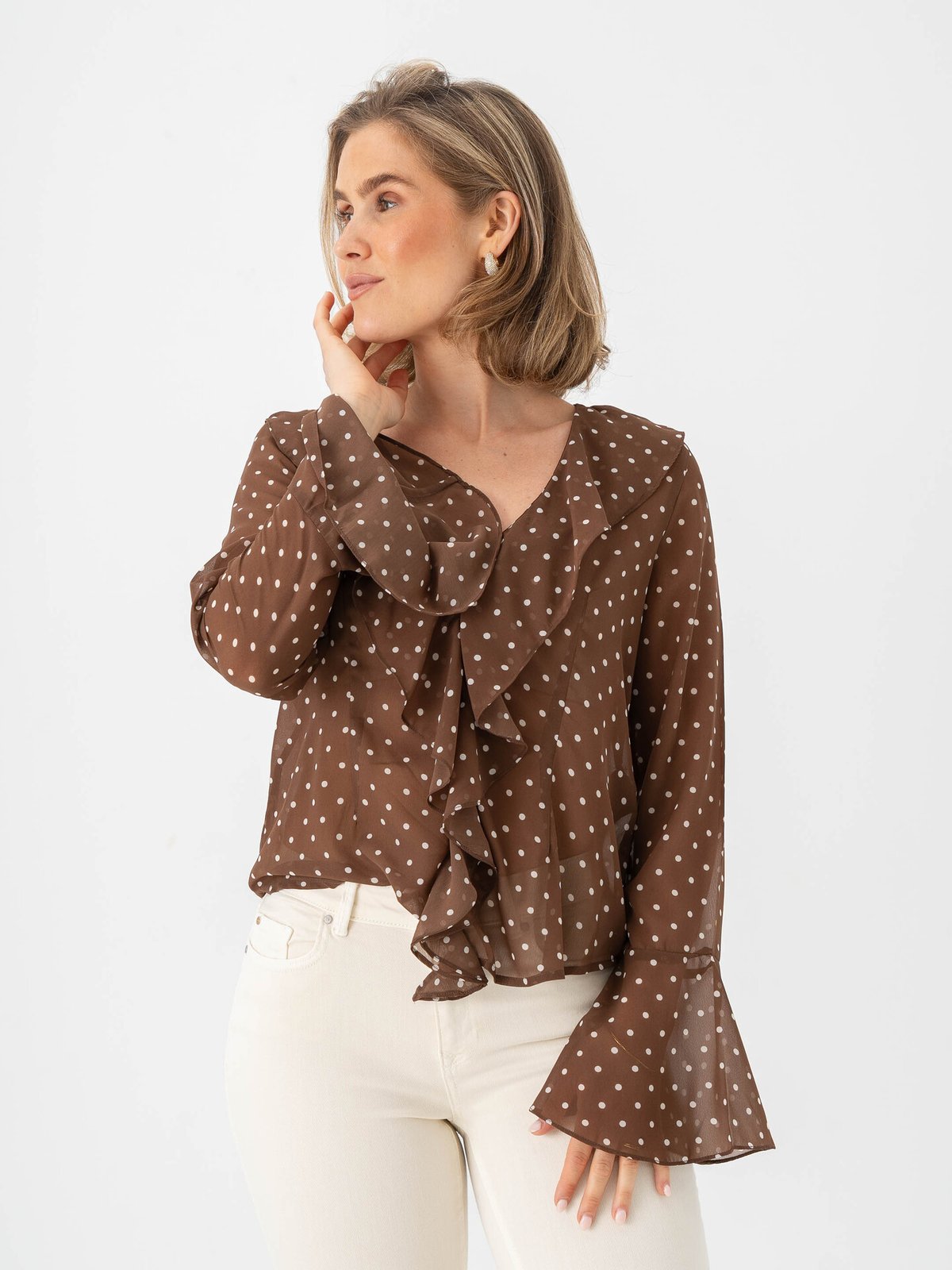 Vero Moda Willow Long Sleeve Frill Top Chocolate Martini Snow White Dot
