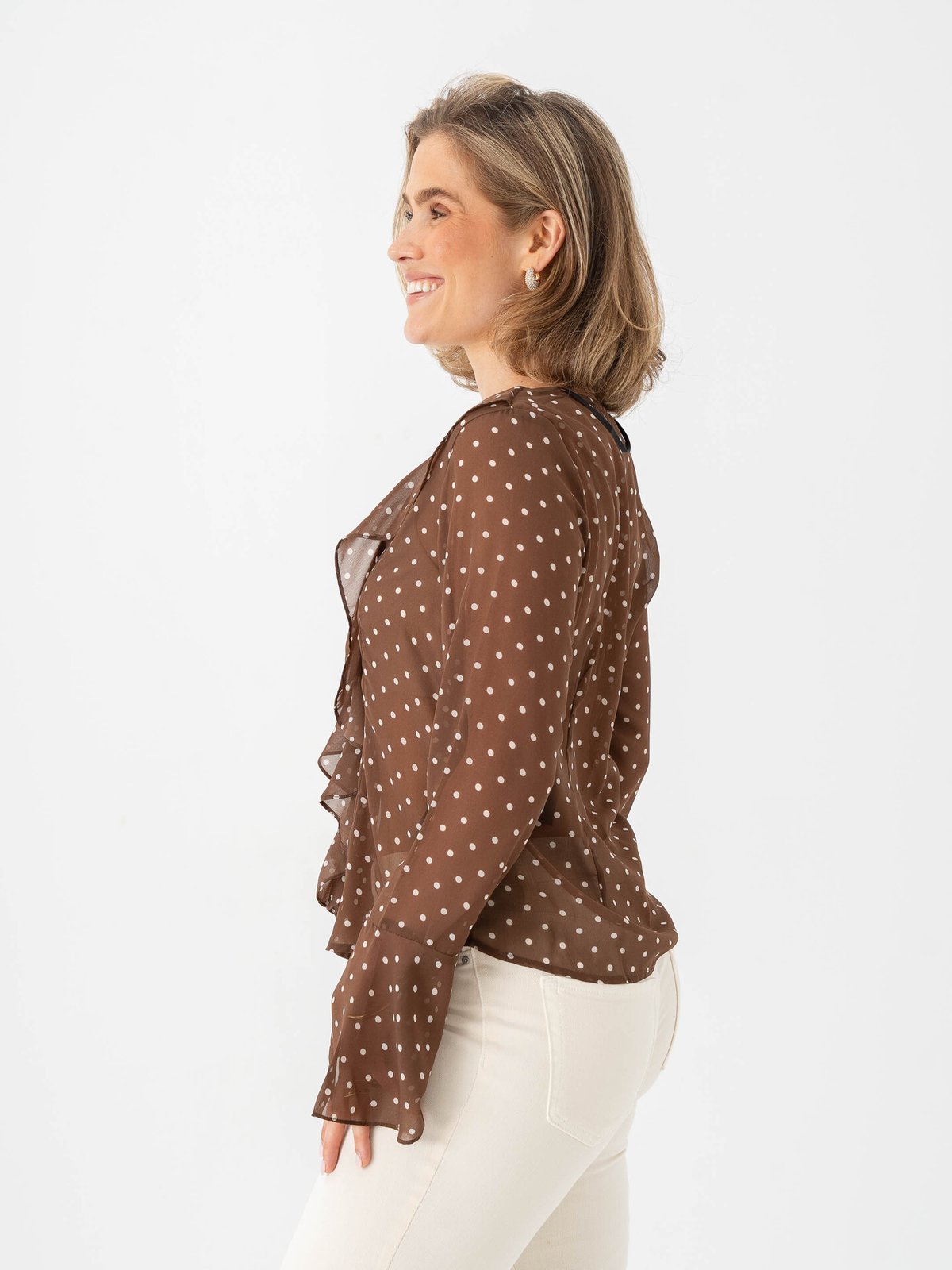 Vero Moda Willow Long Sleeve Frill Top Chocolate Martini Snow White Dot