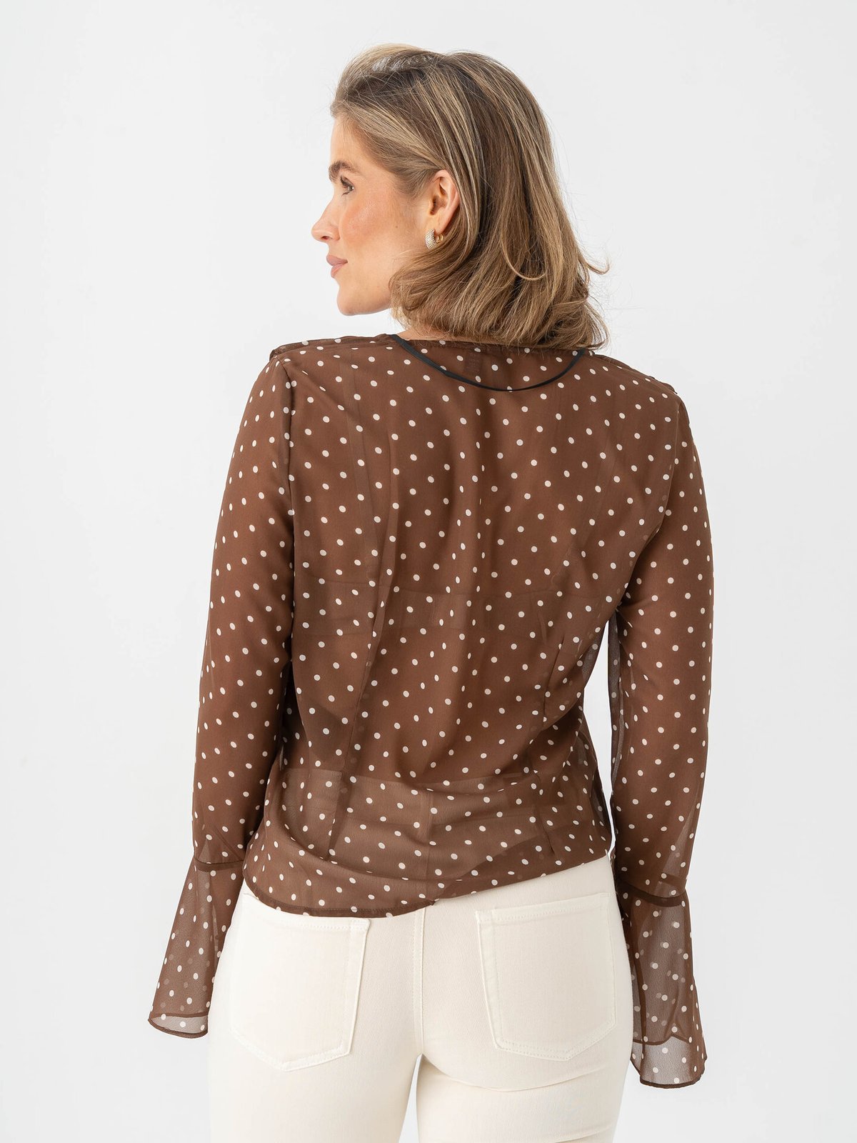 Vero Moda Willow Long Sleeve Frill Top Chocolate Martini Snow White Dot