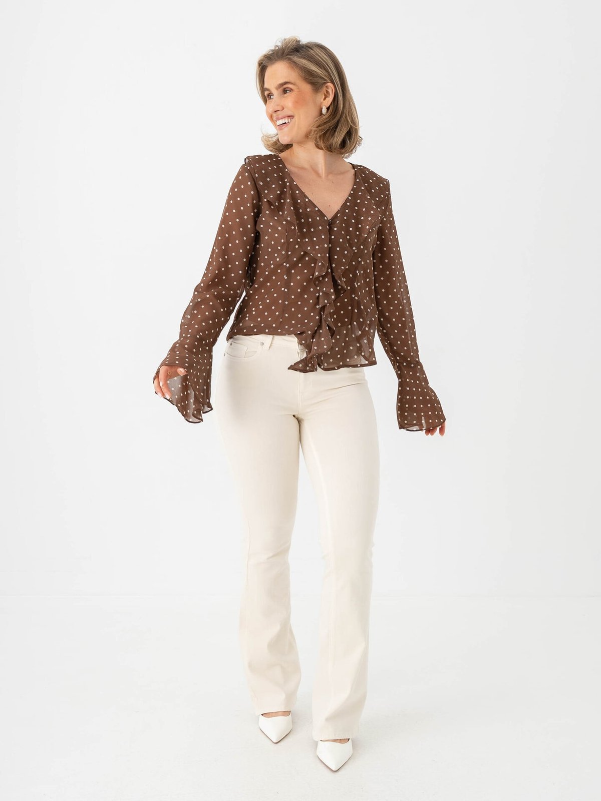 Vero Moda Willow Long Sleeve Frill Top Chocolate Martini Snow White Dot