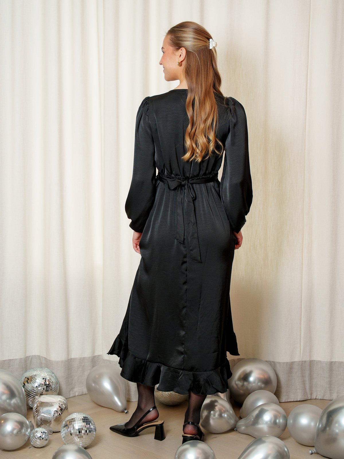 Vero Moda Miro Long Sleeve 7/8 V-Neck Dress Black