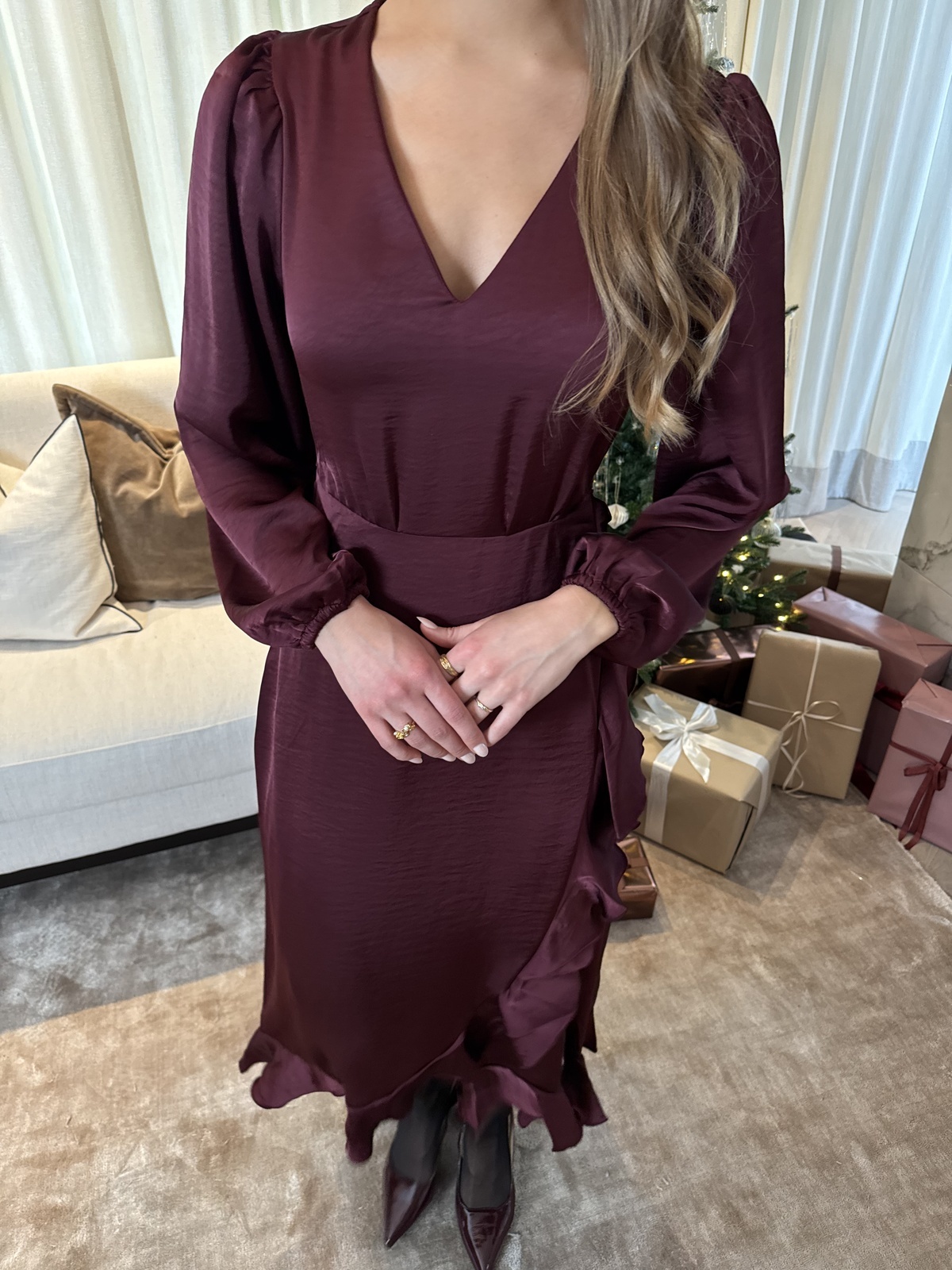 Vero Moda Miro Long Sleeve 7/8 V-Neck Dress Windsor Wine
