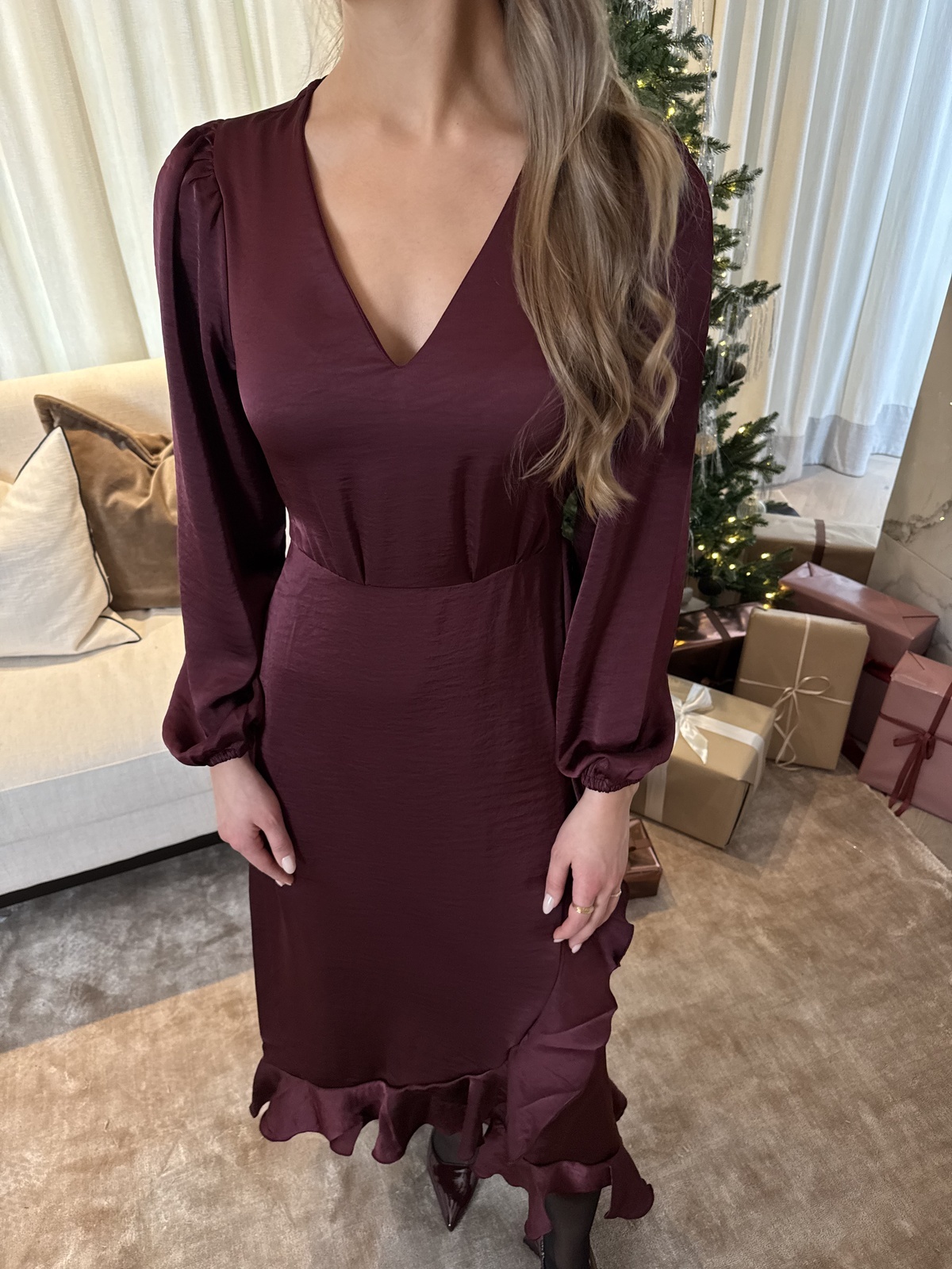 Vero Moda Miro Long Sleeve 7/8 V-Neck Dress Windsor Wine