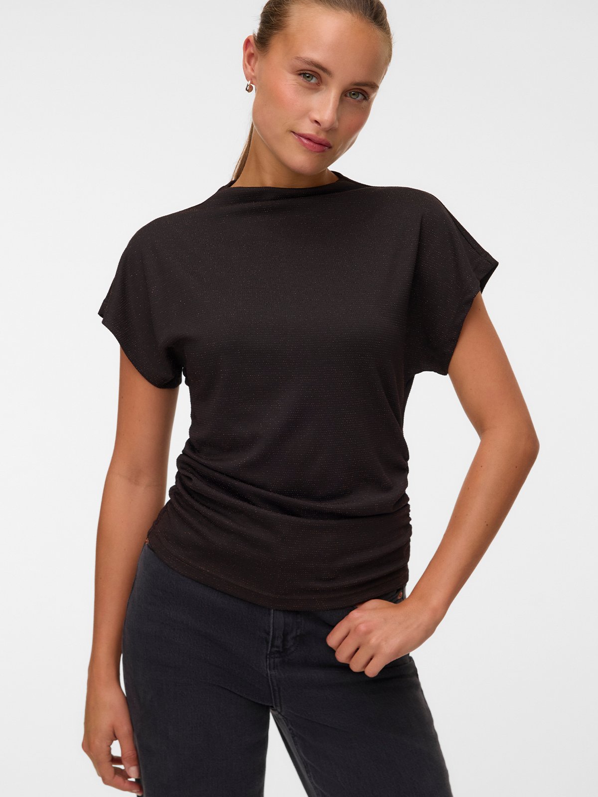 Vero Moda Kanva Capsleeve Rouching Top Lurex Chocolate Torte