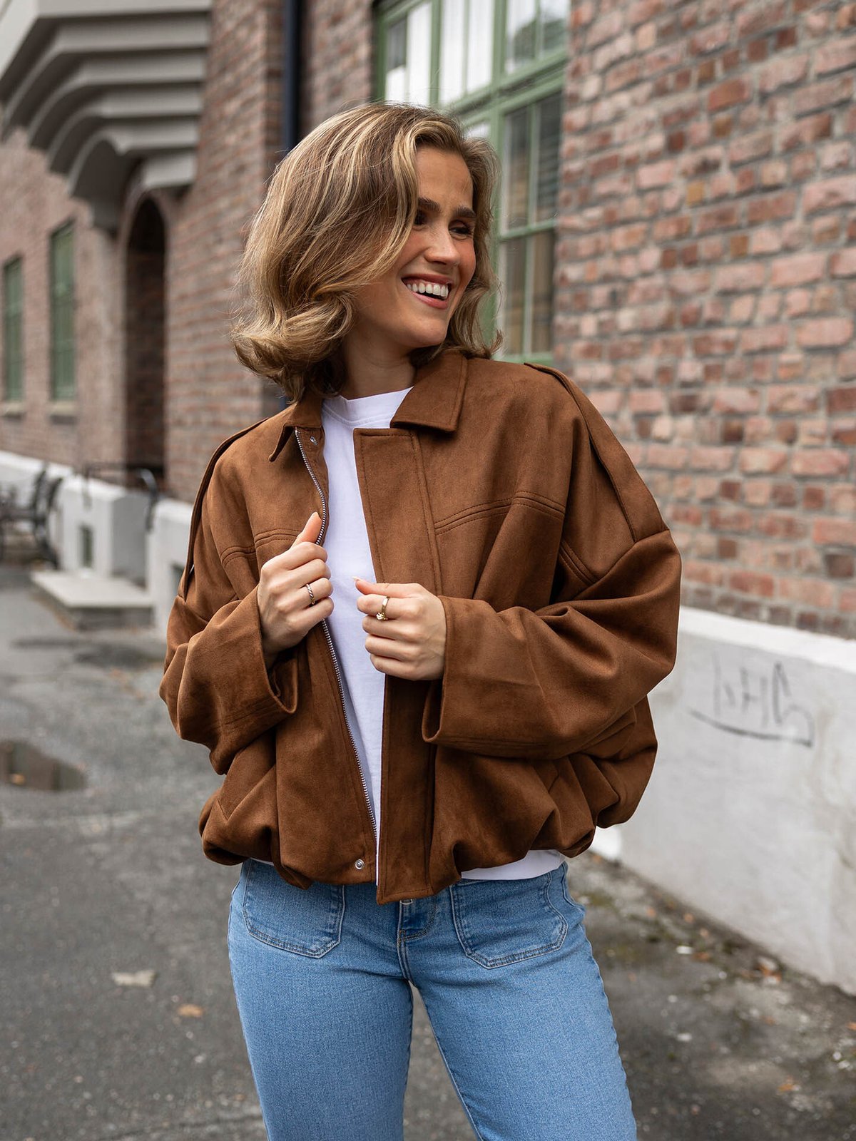 Vero Moda Hazel Long Sleeve Faux Suede Bomber Jacket Dachshund