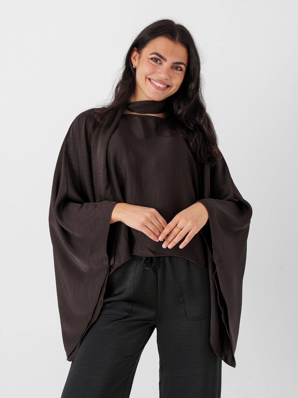 Vero Moda Miro Long Sleeve Cape Scarf Top Chocolate Torte
