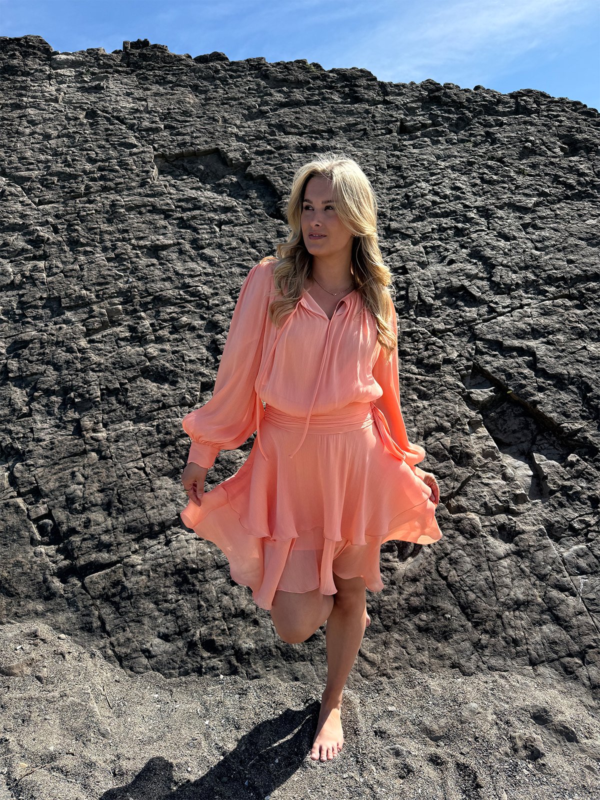 Vero Moda Elisa Long Sleeve Detail Short Dress Orange Chiffon