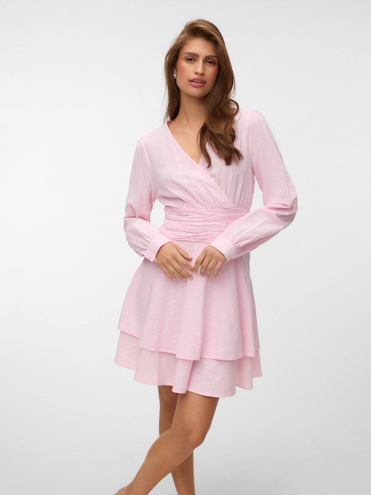 Vero Moda Mie Polly Long Sleeve ABK Rouching Dress Pink-A-Boo
