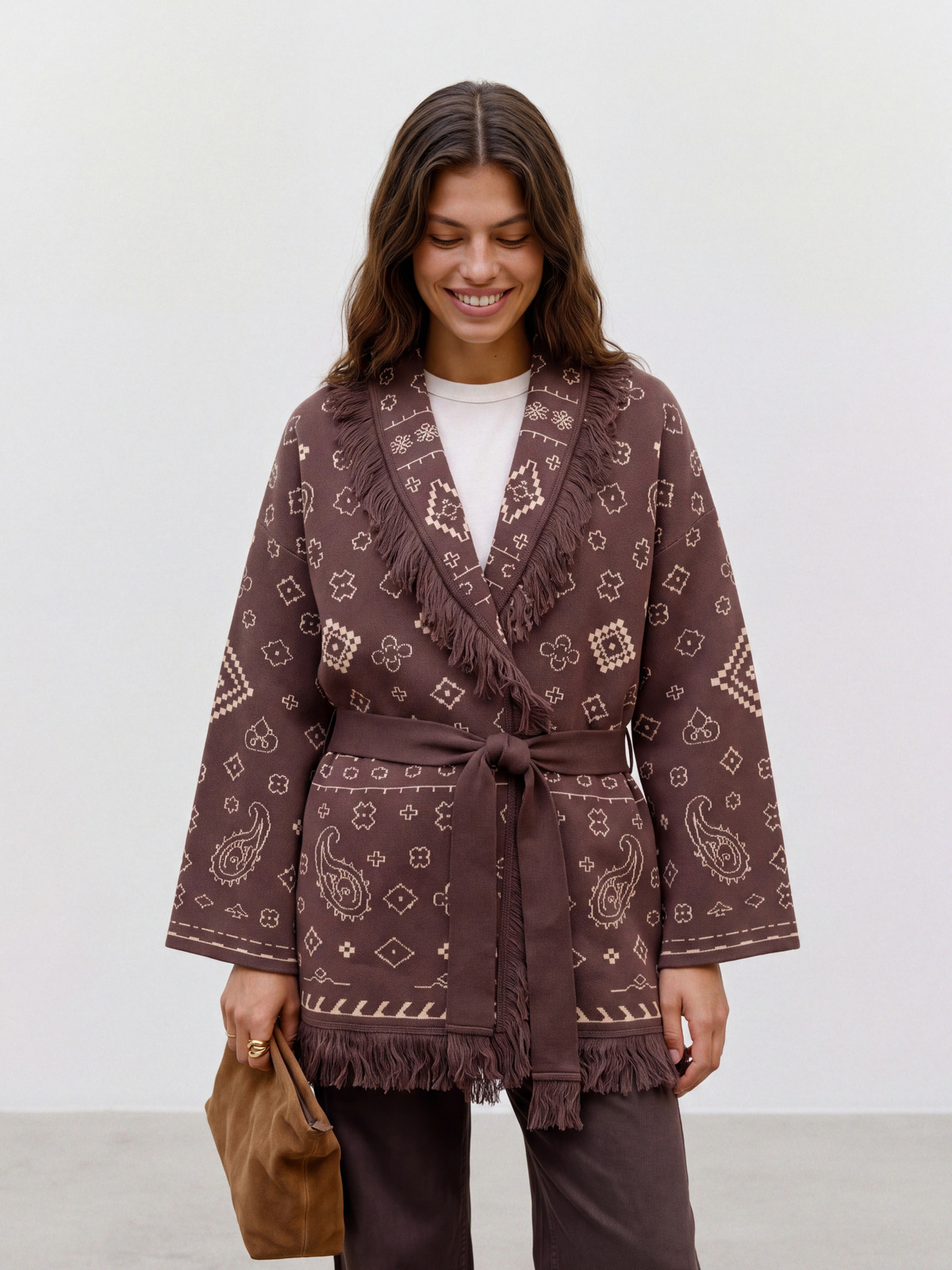 Vero Moda Scarlette Long Sleeve Tassle Jacquard Cardigan Chocolate Martini Silver Gray / Birch