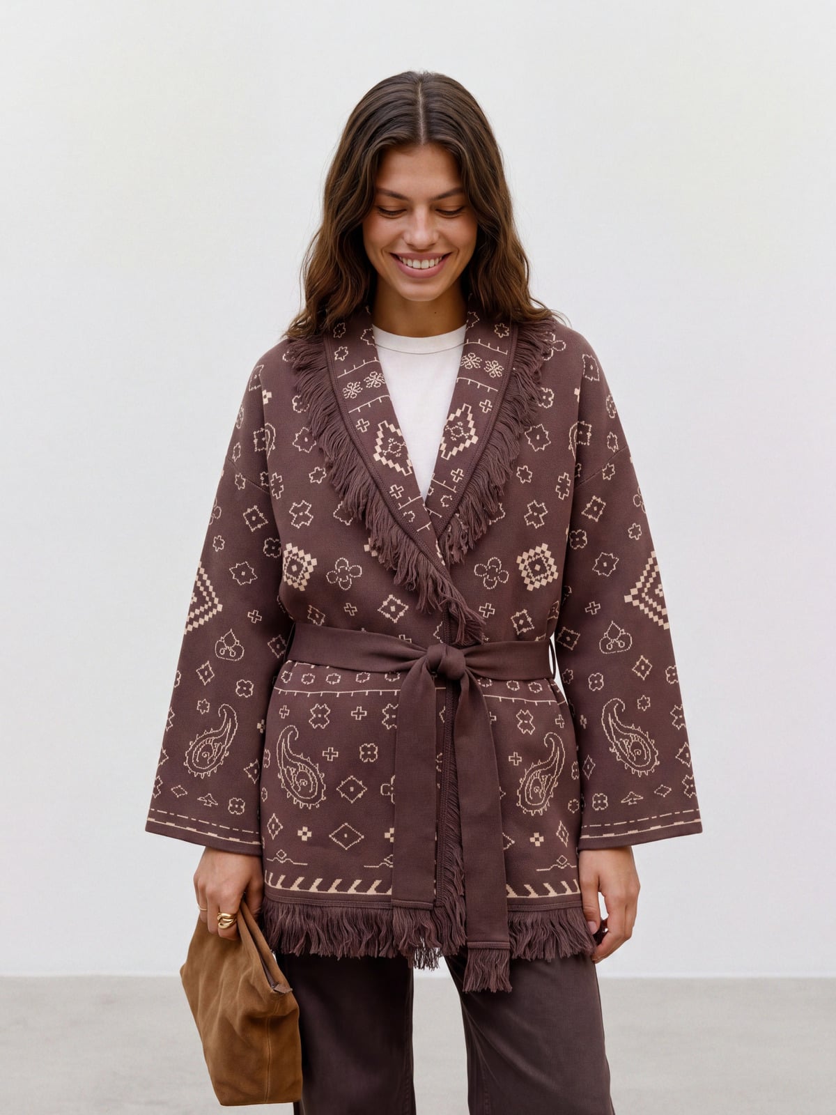 Vero Moda Scarlette Long Sleeve Tassle Jacquard Cardigan Chocolate Martini Silver Gray / Birch