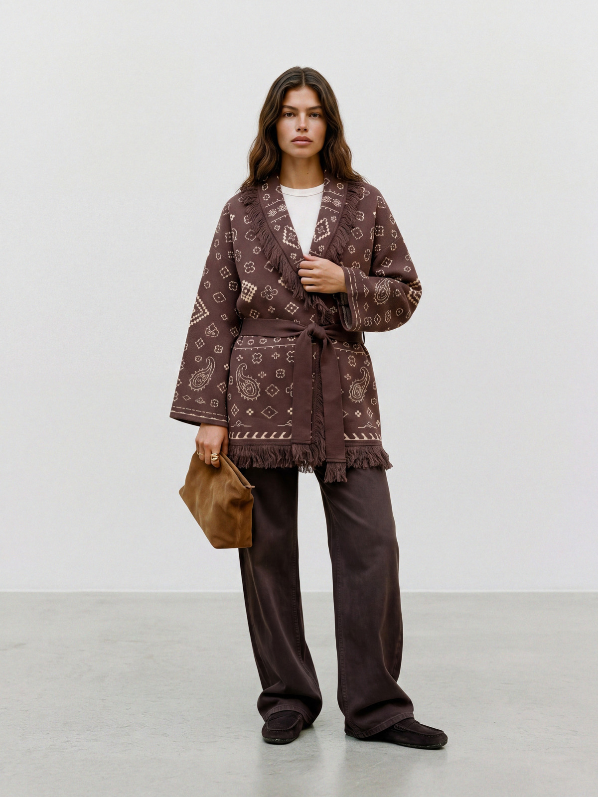 Vero Moda Scarlette Long Sleeve Tassle Jacquard Cardigan Chocolate Martini Silver Gray / Birch