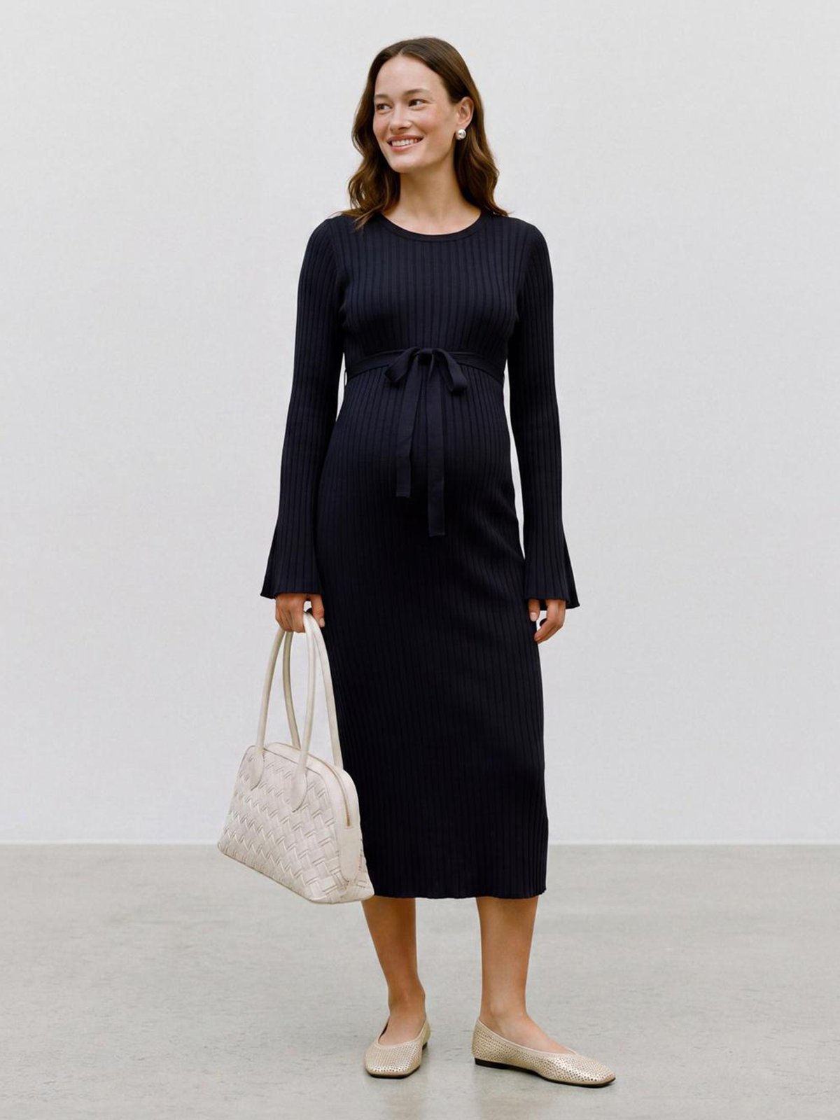 Vero Moda Maternity New Siv Long Sleeve Knit Midi Dress Navy