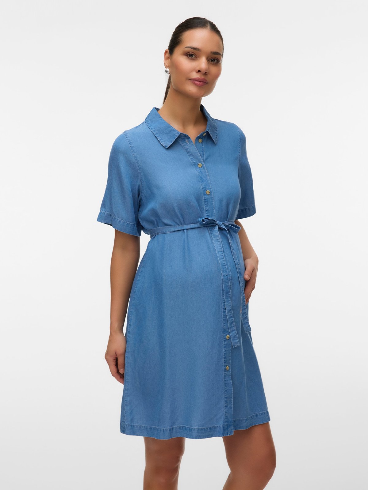 Vero Moda Maternity Bree Short Sleeve Short Tencel Shirt Dress Medium Blue Denim