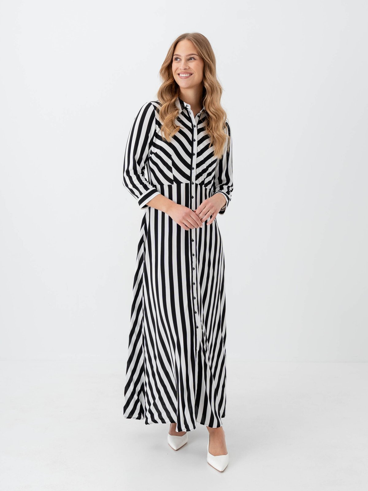 Y.A.S Savanna Long Shirt Dress Black W WHITE STRIPES