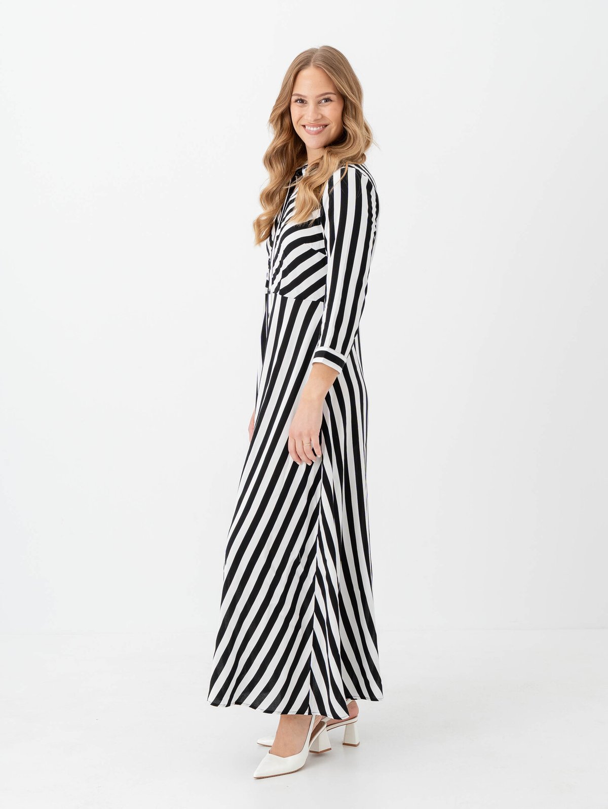 Y.A.S Savanna Long Shirt Dress Black W WHITE STRIPES