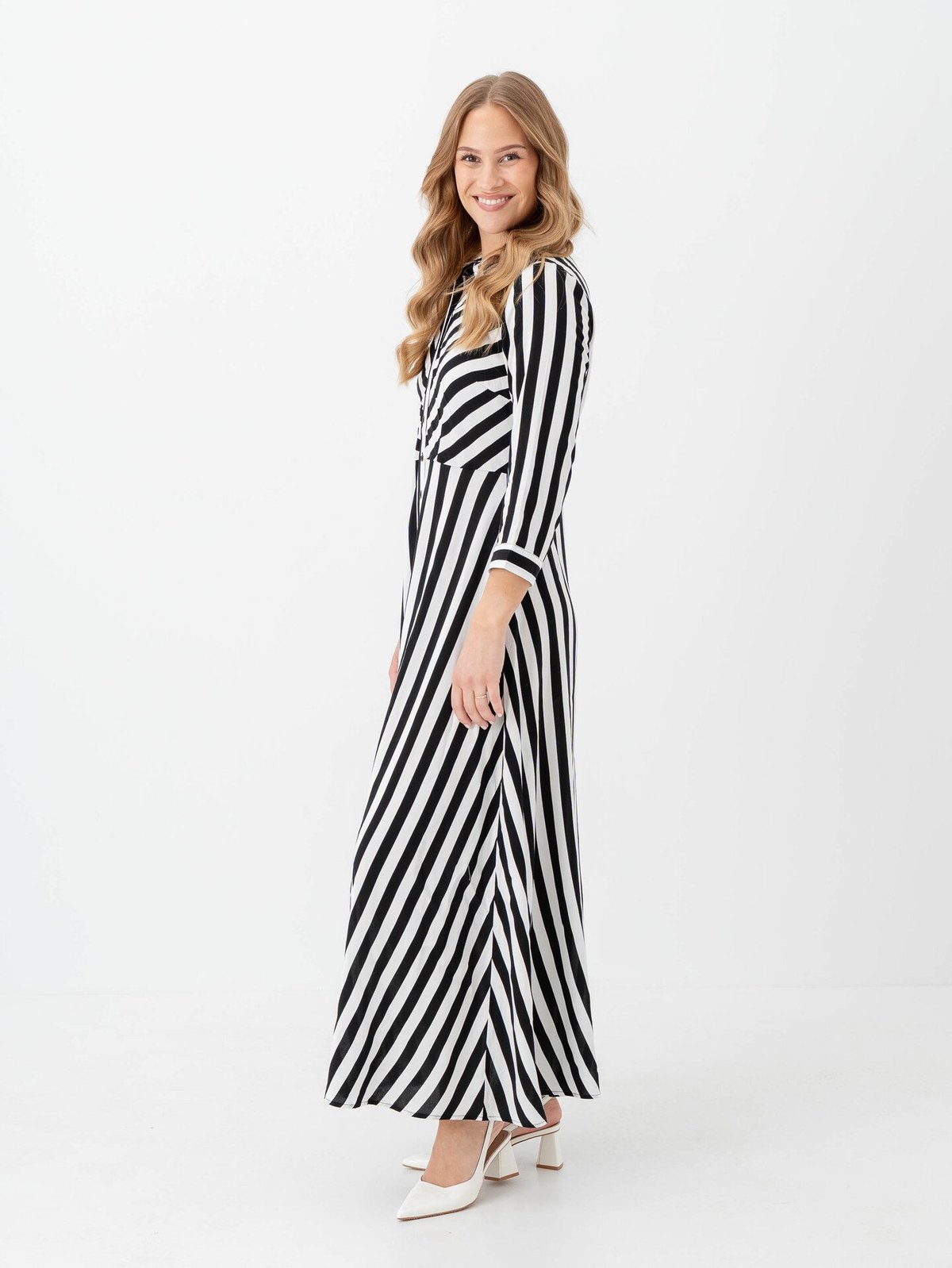Y.A.S Savanna Long Shirt Dress Black W WHITE STRIPES