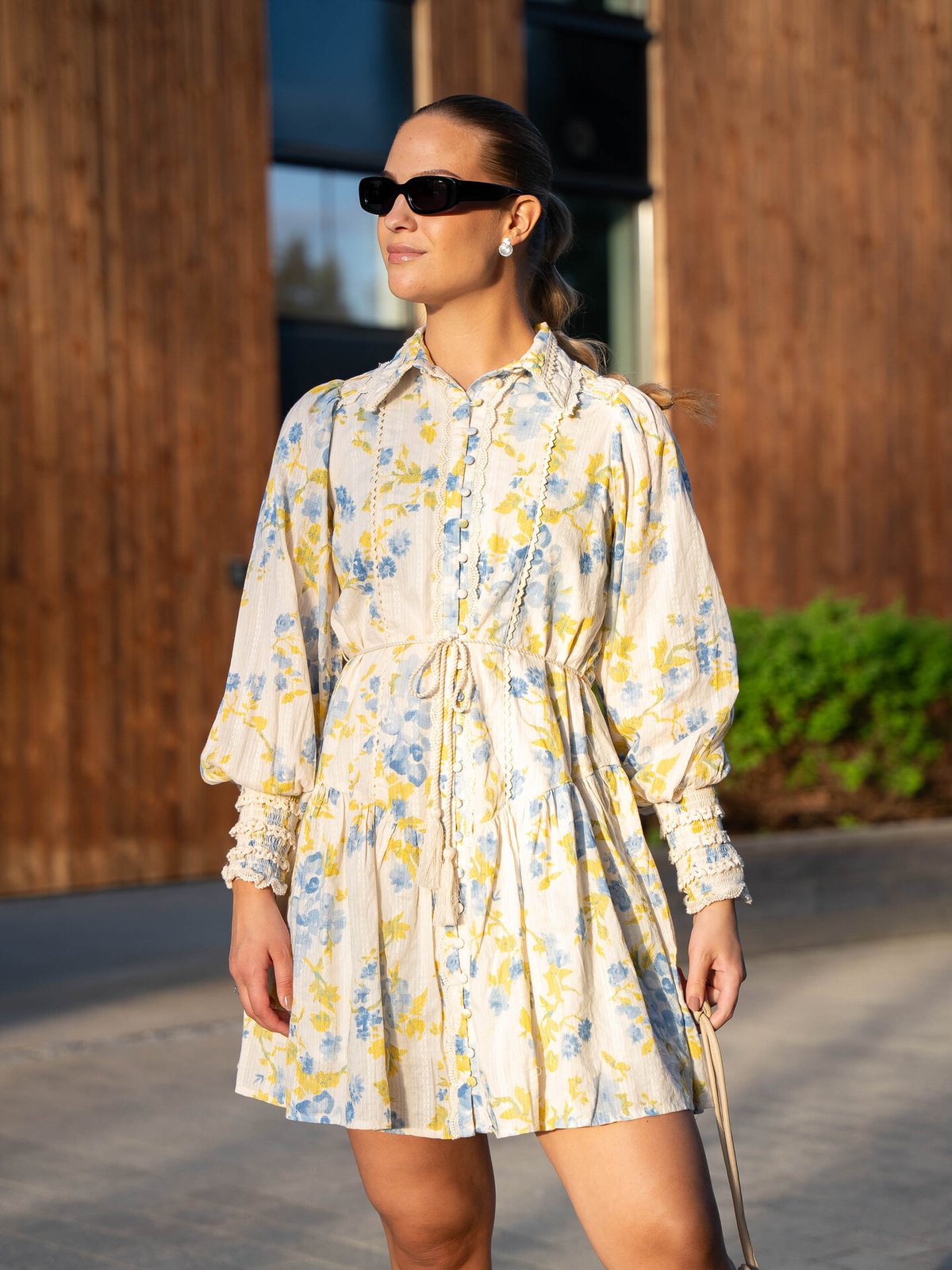 Y.A.S Somellie Long Sleeve Shirt Dress Birch with Blue Flowers
