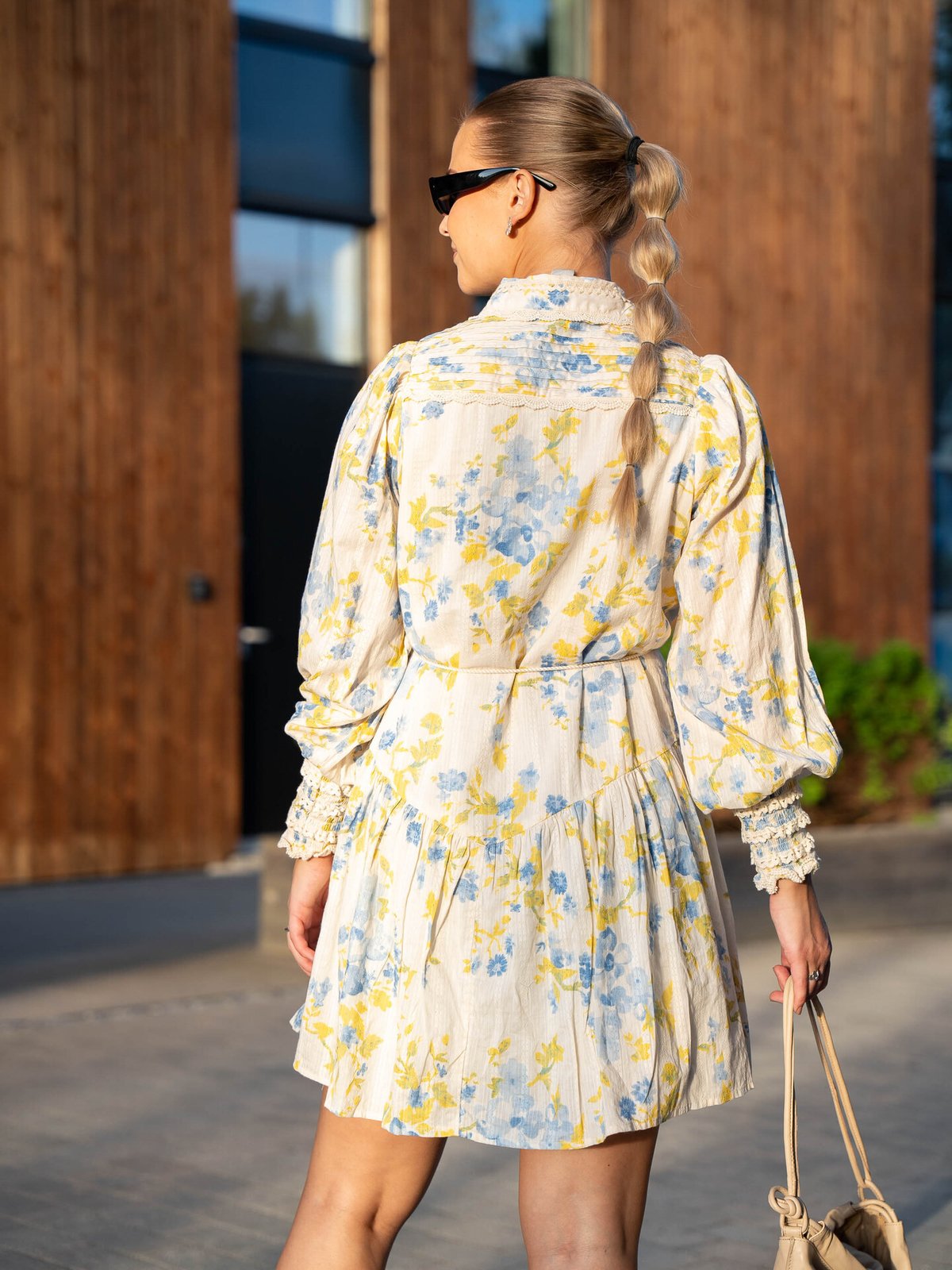 Y.A.S Somellie Long Sleeve Shirt Dress Birch with Blue Flowers