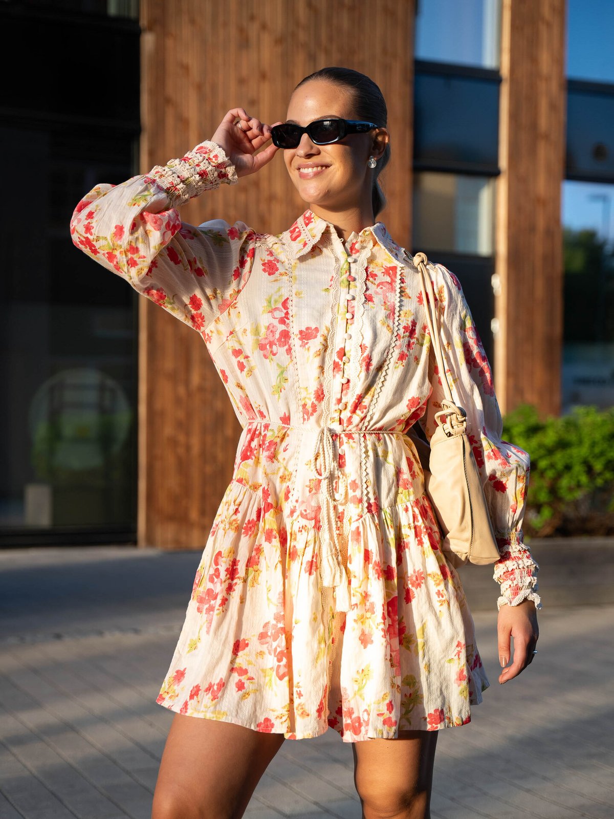 Y.A.S Somellie Long Sleeve Shirt Dress Birch with Red Flowers