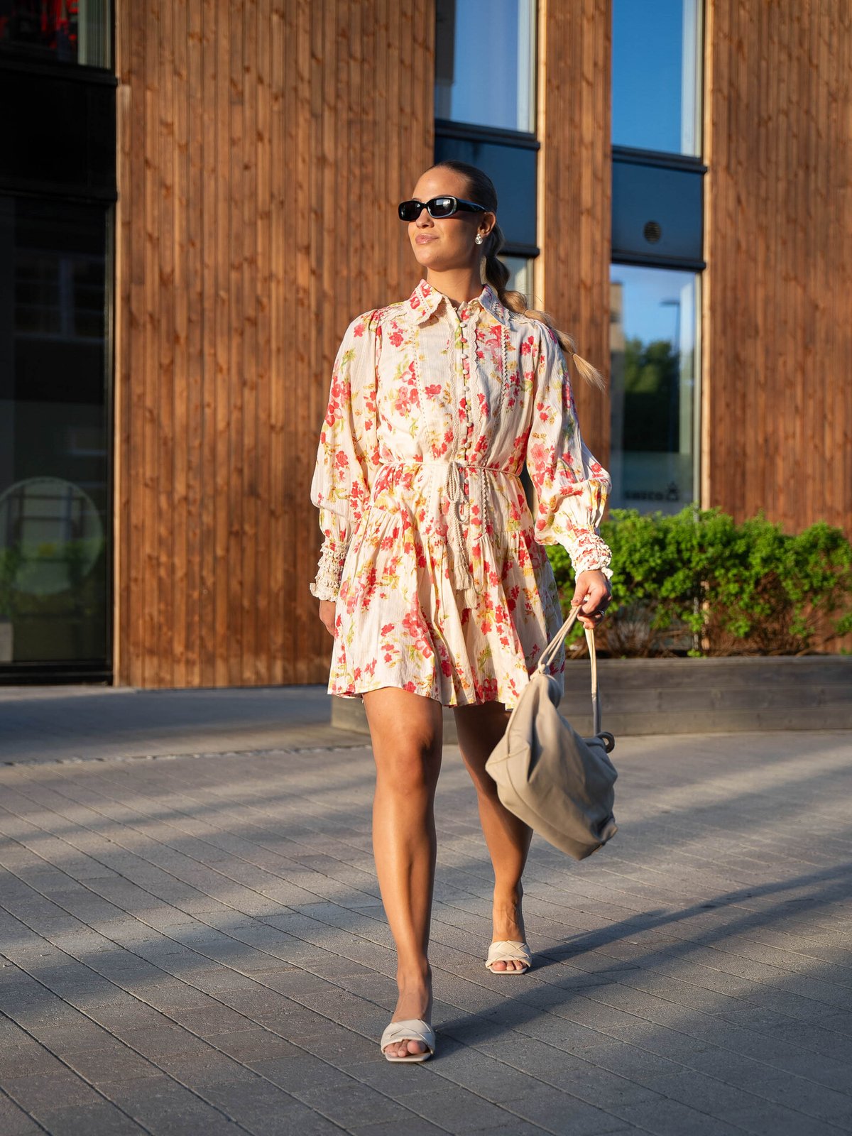 Y.A.S Somellie Long Sleeve Shirt Dress Birch with Red Flowers
