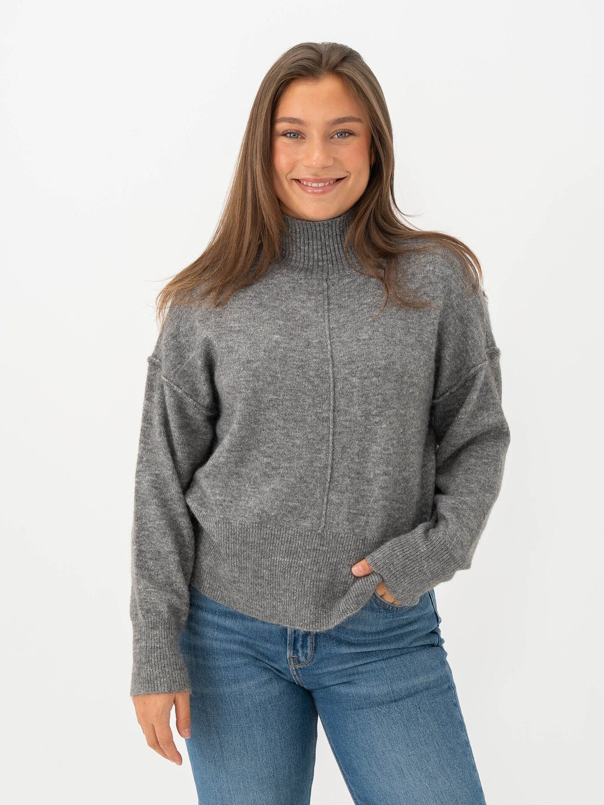 Y.A.S Balis Long Sleeve High Neck Knit Medium Grey Melange