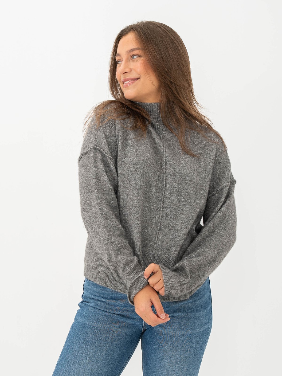 Y.A.S Balis Long Sleeve High Neck Knit Medium Grey Melange