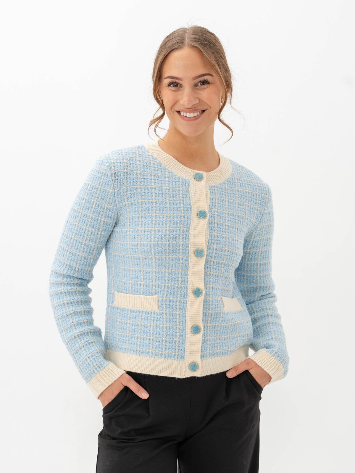 Y.A.S Livia Long Sleeve Short Knit Cardigan Birch / Clear Sky