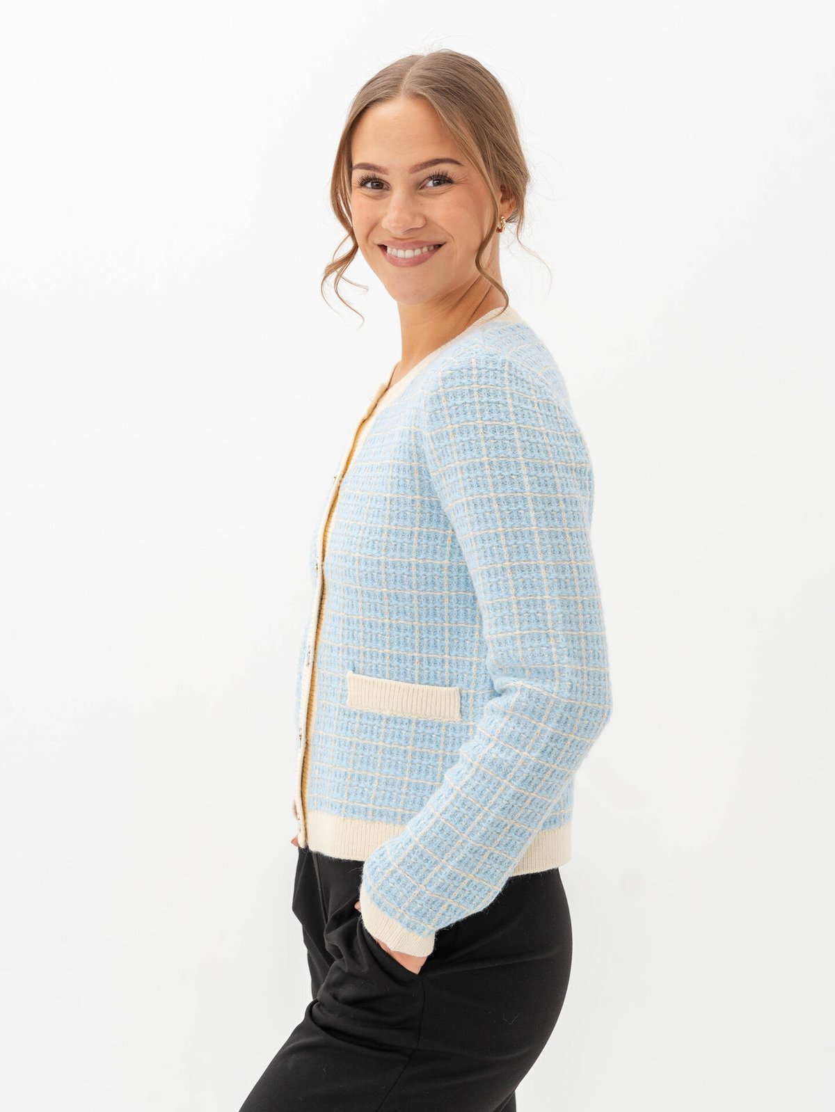 Y.A.S Livia Long Sleeve Short Knit Cardigan Birch / Clear Sky